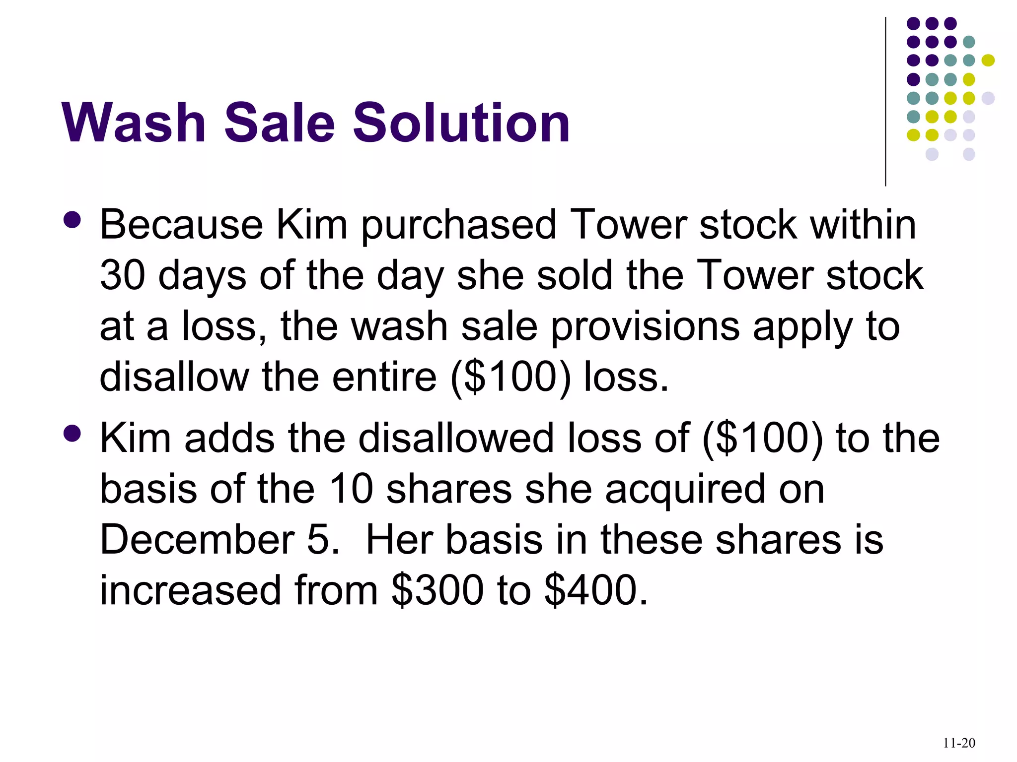 Wash Sale Solution
 Because Kim purchased Tower stock within
30 days of the day she sold the Tower stock
at a loss, the wash sale provisions apply to
disallow the entire ($100) loss.
 Kim adds the disallowed loss of ($100) to the
basis of the 10 shares she acquired on
December 5. Her basis in these shares is
increased from $300 to $400.
11-20
 