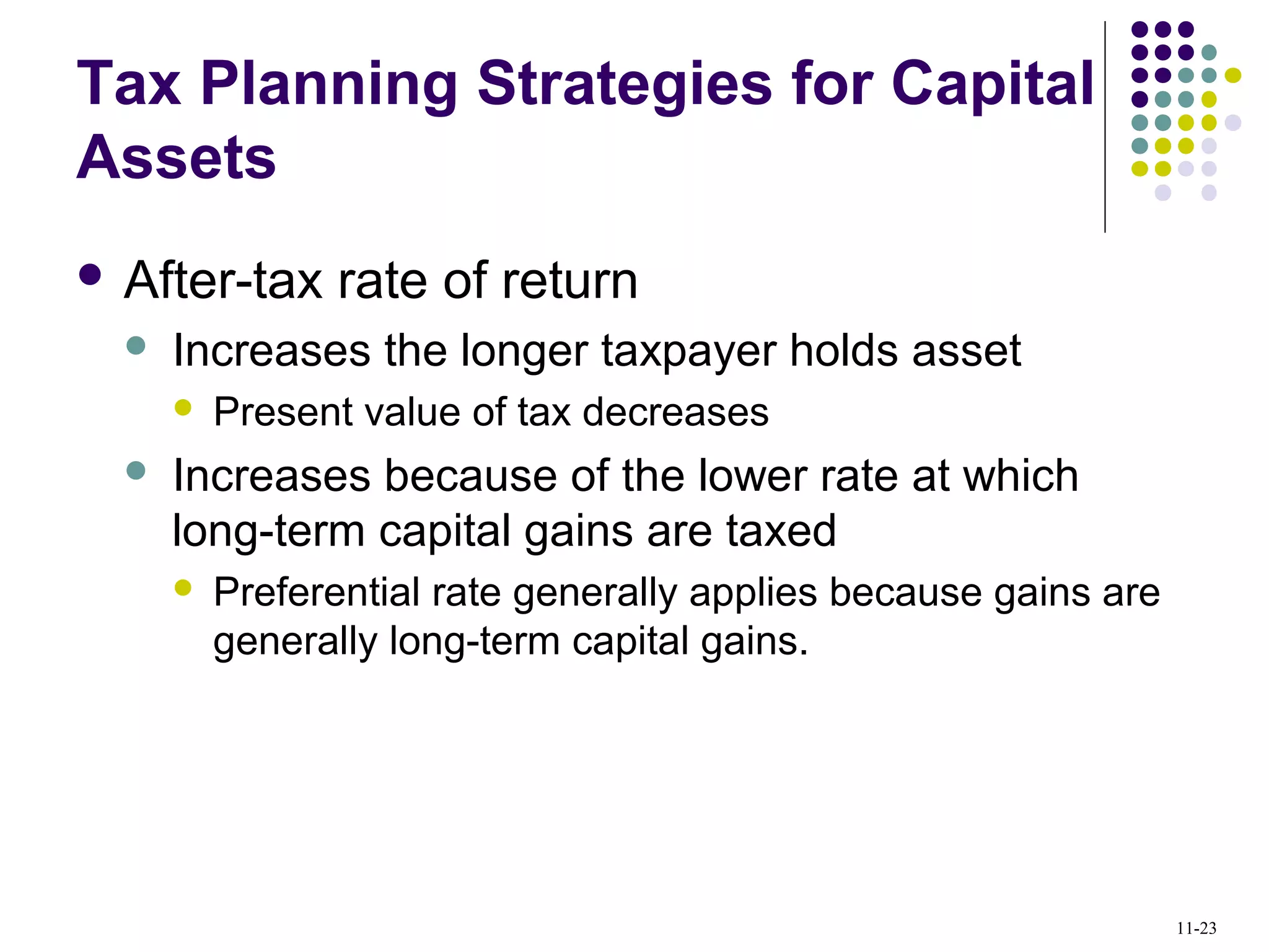 Tax Planning Strategies for Capital
Assets
 After-tax rate of return
 Increases the longer taxpayer holds asset
 Present value of tax decreases
 Increases because of the lower rate at which
long-term capital gains are taxed
 Preferential rate generally applies because gains are
generally long-term capital gains.
11-23
 