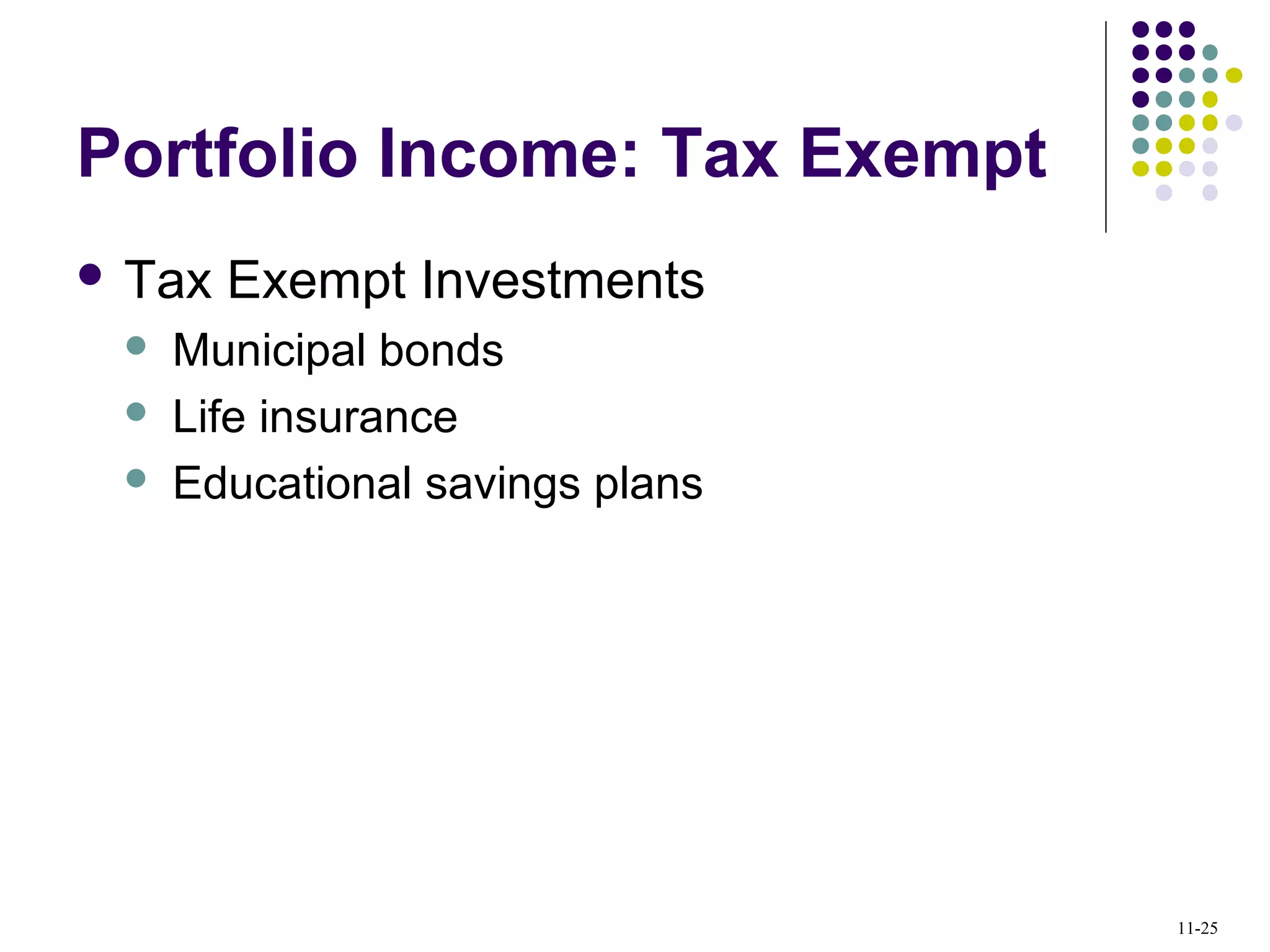 Portfolio Income: Tax Exempt
 Tax Exempt Investments
 Municipal bonds
 Life insurance
 Educational savings plans
11-25
 