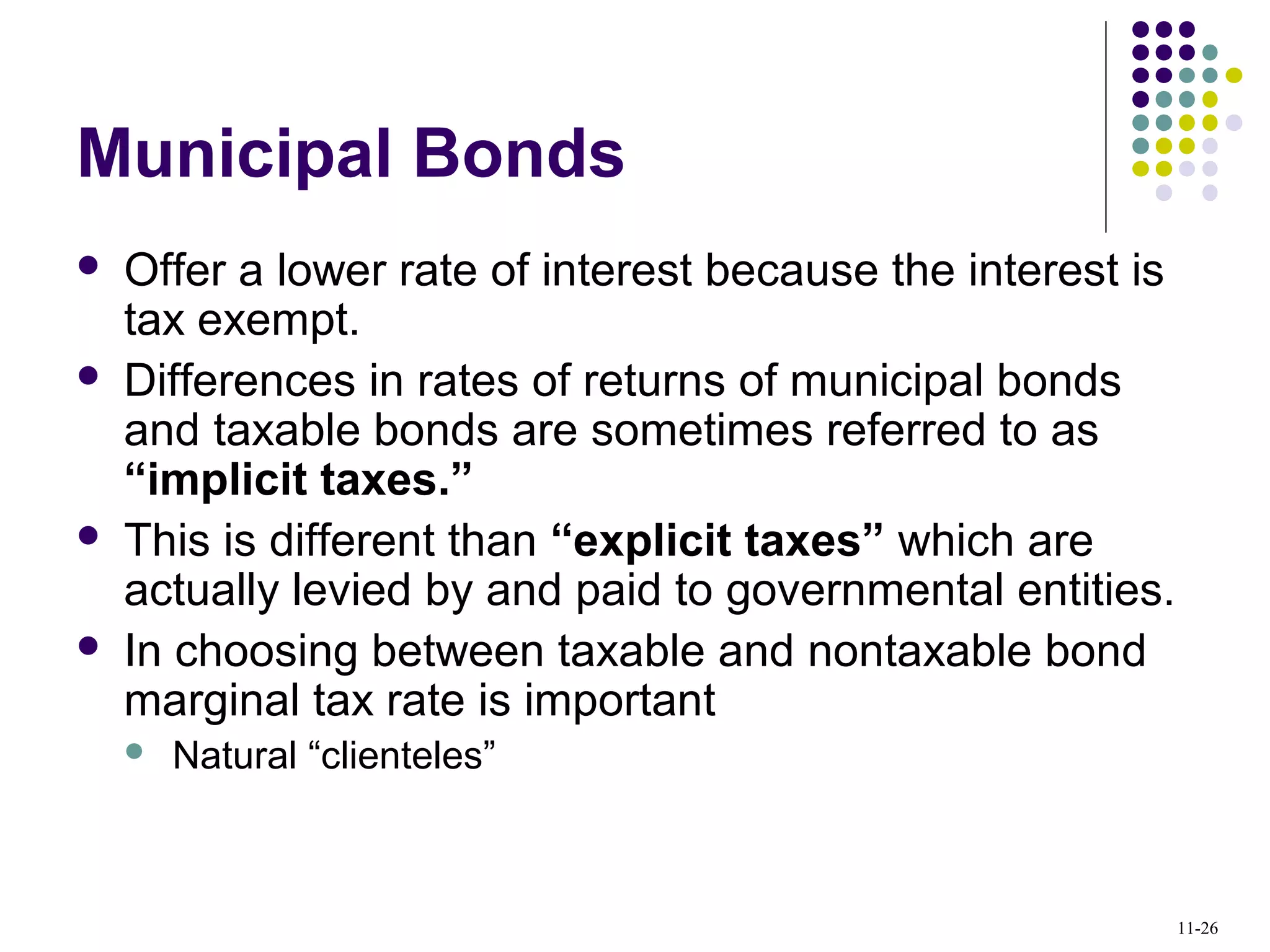 Municipal Bonds
 Offer a lower rate of interest because the interest is
tax exempt.
 Differences in rates of returns of municipal bonds
and taxable bonds are sometimes referred to as
“implicit taxes.”
 This is different than “explicit taxes” which are
actually levied by and paid to governmental entities.
 In choosing between taxable and nontaxable bond
marginal tax rate is important
 Natural “clienteles”
11-26
 