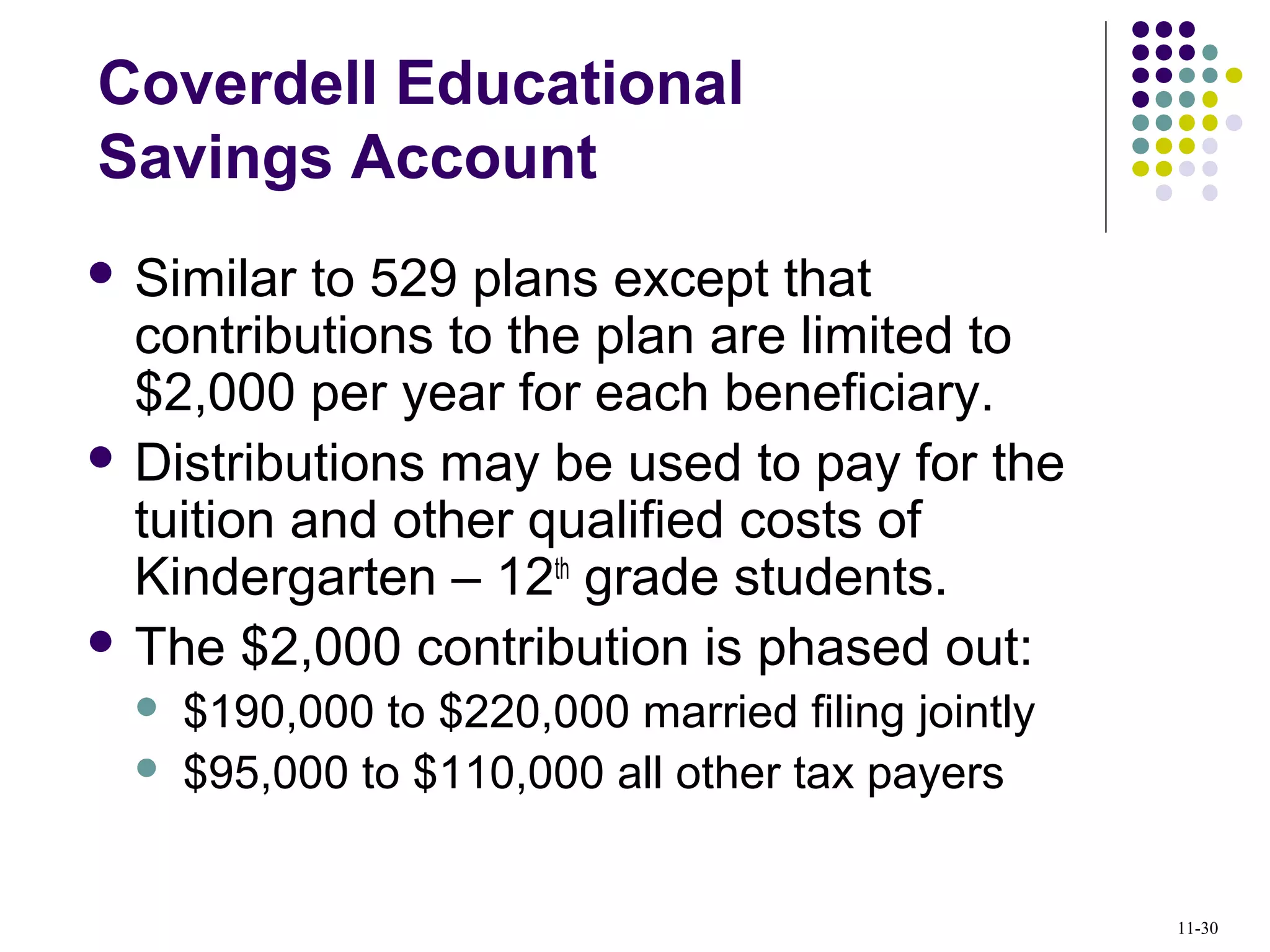 Coverdell Educational
Savings Account
 Similar to 529 plans except that
contributions to the plan are limited to
$2,000 per year for each beneficiary.
 Distributions may be used to pay for the
tuition and other qualified costs of
Kindergarten – 12th
grade students.
 The $2,000 contribution is phased out:
 $190,000 to $220,000 married filing jointly
 $95,000 to $110,000 all other tax payers
11-30
 