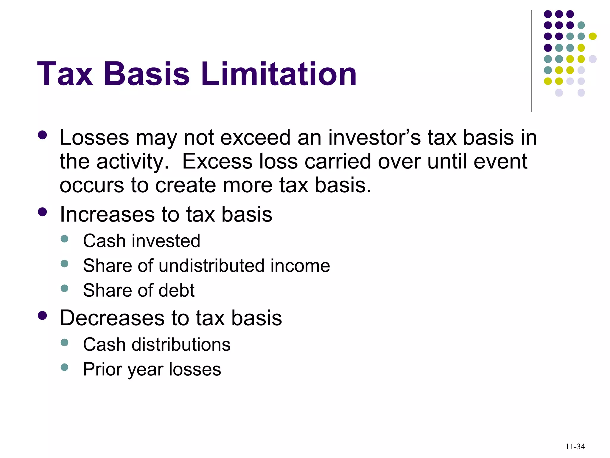 Tax Basis Limitation
 Losses may not exceed an investor’s tax basis in
the activity. Excess loss carried over until event
occurs to create more tax basis.
 Increases to tax basis
 Cash invested
 Share of undistributed income
 Share of debt
 Decreases to tax basis
 Cash distributions
 Prior year losses
11-34
 