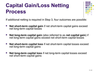 Capital Gain/Loss Netting
Process
If additional netting is required in Step 3, four outcomes are possible:
 Net short-term capital gain if net short-term capital gains exceed
net long-term capital losses
 Net long-term capital gain (also referred to as net capital gain) if
net long-term capital gains exceed net short-term capital losses
 Net short-term capital loss if net short-term capital losses exceed
net long-term capital gains
 Net long-term capital loss if net long-term capital losses exceed
net short-term capital gains
11-14
 