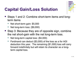 Capital Gain/Loss Solution
 Steps 1 and 2: Combine short-term items and long-
term items
 Net short-term gain: $5,000
 Net long-term loss: ($9,000)
 Step 3: Because they are of opposite sign, combine
the net short-gain with the net long-term loss.
 Net long-term capital loss: ($4,000)
 Ferdinand can deduct ($3,000) of the loss as a for AGI
deduction this year. The remaining ($1,000) loss will carry
forward indefinitely but will retain its character as a long-
term capital loss.
11-16
 