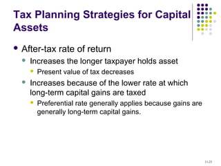 Tax Planning Strategies for Capital
Assets
 After-tax rate of return
 Increases the longer taxpayer holds asset
 Present value of tax decreases
 Increases because of the lower rate at which
long-term capital gains are taxed
 Preferential rate generally applies because gains are
generally long-term capital gains.
11-23
 