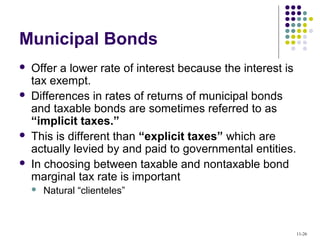 Municipal Bonds
 Offer a lower rate of interest because the interest is
tax exempt.
 Differences in rates of returns of municipal bonds
and taxable bonds are sometimes referred to as
“implicit taxes.”
 This is different than “explicit taxes” which are
actually levied by and paid to governmental entities.
 In choosing between taxable and nontaxable bond
marginal tax rate is important
 Natural “clienteles”
11-26
 