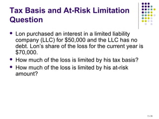 Tax Basis and At-Risk Limitation
Question
 Lon purchased an interest in a limited liability
company (LLC) for $50,000 and the LLC has no
debt. Lon’s share of the loss for the current year is
$70,000.
 How much of the loss is limited by his tax basis?
 How much of the loss is limited by his at-risk
amount?
11-36
 