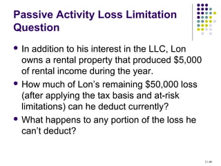 Passive Activity Loss Limitation
Question
 In addition to his interest in the LLC, Lon
owns a rental property that produced $5,000
of rental income during the year.
 How much of Lon’s remaining $50,000 loss
(after applying the tax basis and at-risk
limitations) can he deduct currently?
 What happens to any portion of the loss he
can’t deduct?
11-40
 