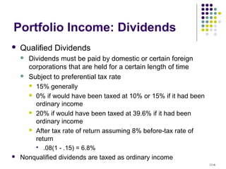 Portfolio Income: Dividends
 Qualified Dividends
 Dividends must be paid by domestic or certain foreign
corporations that are held for a certain length of time
 Subject to preferential tax rate
 15% generally
 0% if would have been taxed at 10% or 15% if it had been
ordinary income
 20% if would have been taxed at 39.6% if it had been
ordinary income
 After tax rate of return assuming 8% before-tax rate of
return
 .08(1 - .15) = 6.8%
 Nonqualified dividends are taxed as ordinary income
11-6
 