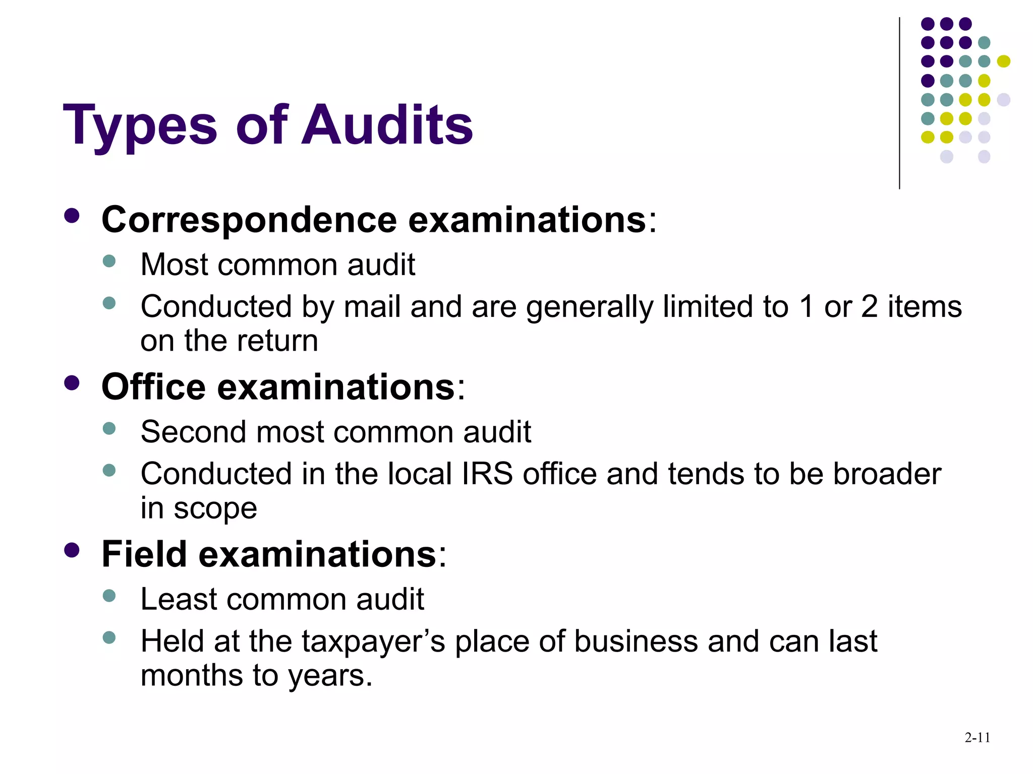 2-11
Types of Audits
 Correspondence examinations:
 Most common audit
 Conducted by mail and are generally limited to 1 or 2 items
on the return
 Office examinations:
 Second most common audit
 Conducted in the local IRS office and tends to be broader
in scope
 Field examinations:
 Least common audit
 Held at the taxpayer’s place of business and can last
months to years.
 