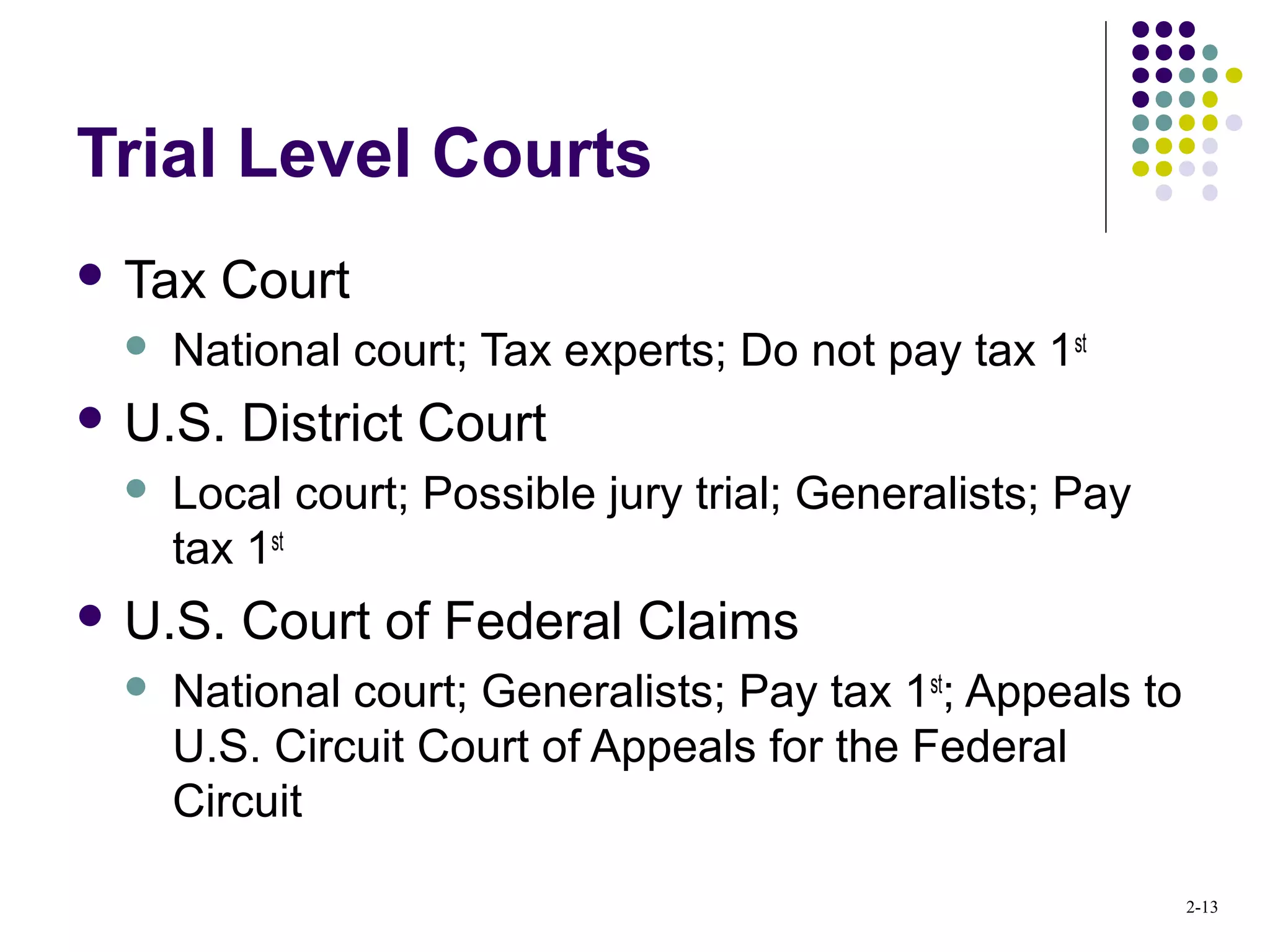 2-13
Trial Level Courts
 Tax Court
 National court; Tax experts; Do not pay tax 1st
 U.S. District Court
 Local court; Possible jury trial; Generalists; Pay
tax 1st
 U.S. Court of Federal Claims
 National court; Generalists; Pay tax 1st
; Appeals to
U.S. Circuit Court of Appeals for the Federal
Circuit
 
