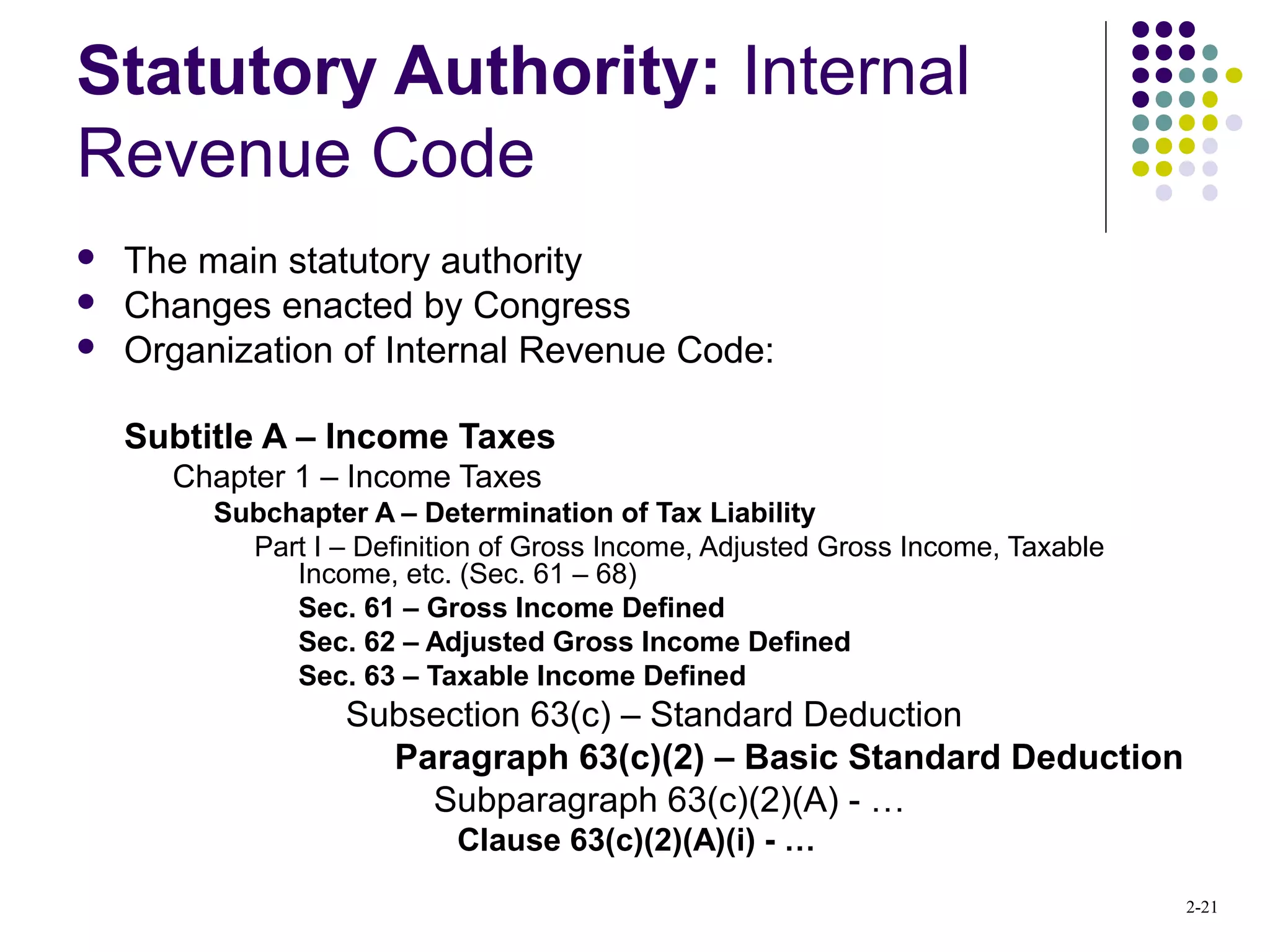 2-21
Statutory Authority: Internal
Revenue Code
 The main statutory authority
 Changes enacted by Congress
 Organization of Internal Revenue Code:
Subtitle A – Income Taxes
Chapter 1 – Income Taxes
Subchapter A – Determination of Tax Liability
Part I – Definition of Gross Income, Adjusted Gross Income, Taxable
Income, etc. (Sec. 61 – 68)
Sec. 61 – Gross Income Defined
Sec. 62 – Adjusted Gross Income Defined
Sec. 63 – Taxable Income Defined
Subsection 63(c) – Standard Deduction
Paragraph 63(c)(2) – Basic Standard Deduction
Subparagraph 63(c)(2)(A) - …
Clause 63(c)(2)(A)(i) - …
 