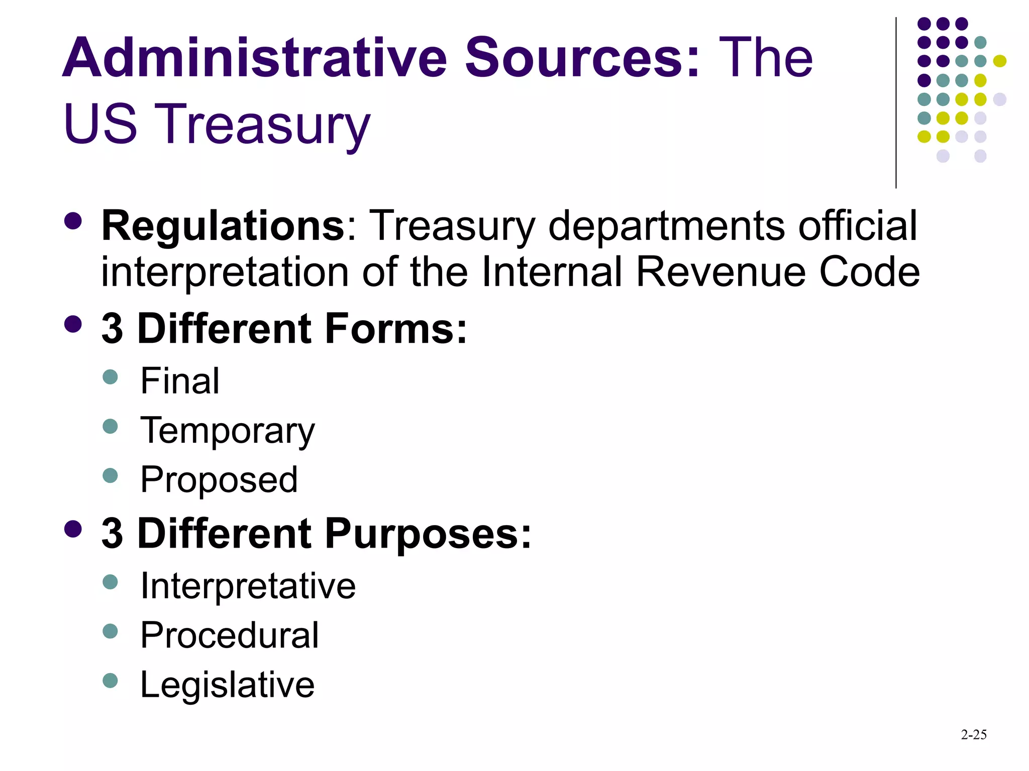 2-25
Administrative Sources: The
US Treasury
 Regulations: Treasury departments official
interpretation of the Internal Revenue Code
 3 Different Forms:
 Final
 Temporary
 Proposed
 3 Different Purposes:
 Interpretative
 Procedural
 Legislative
 