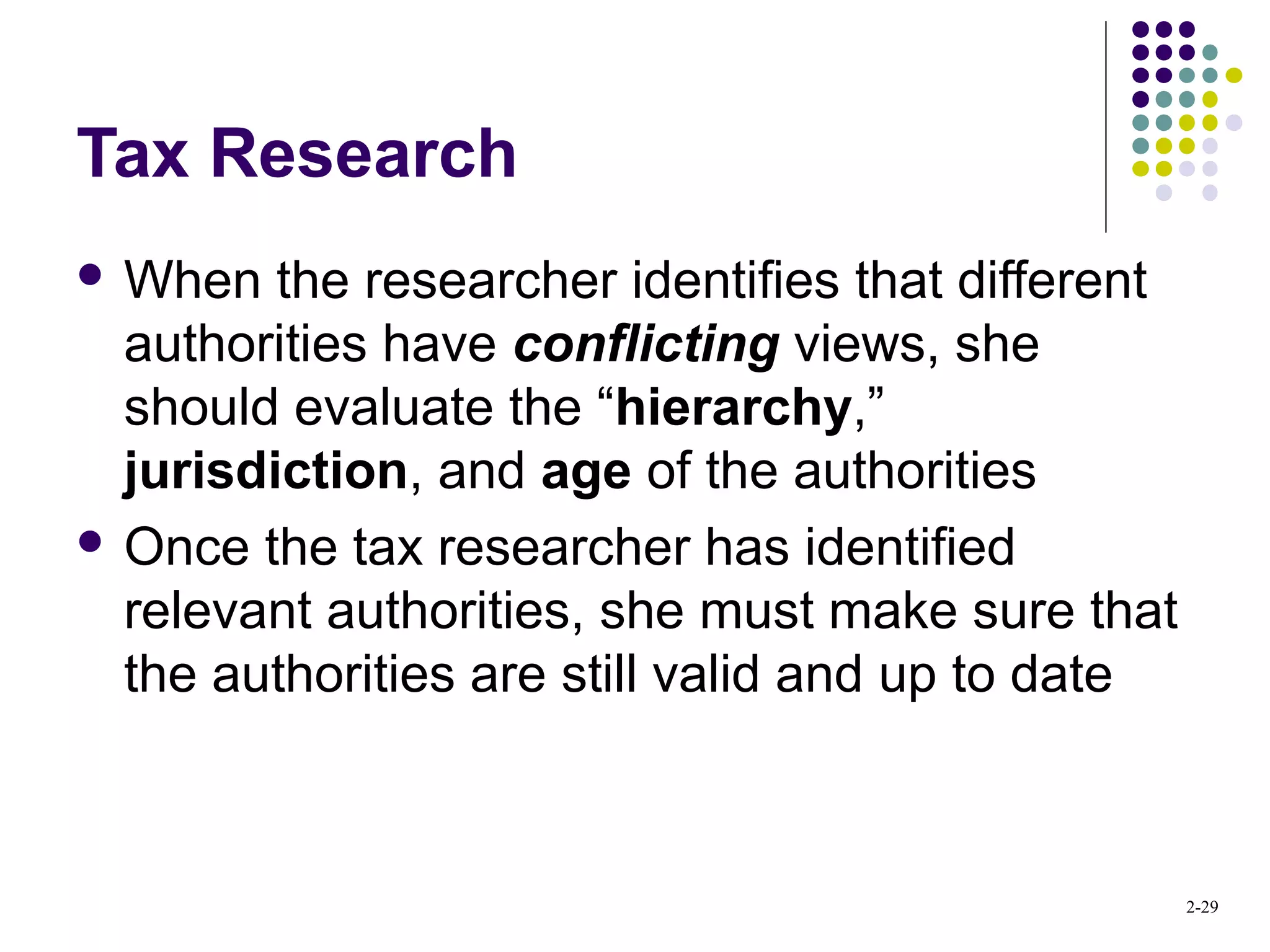 2-29
Tax Research
 When the researcher identifies that different
authorities have conflicting views, she
should evaluate the “hierarchy,”
jurisdiction, and age of the authorities
 Once the tax researcher has identified
relevant authorities, she must make sure that
the authorities are still valid and up to date
 