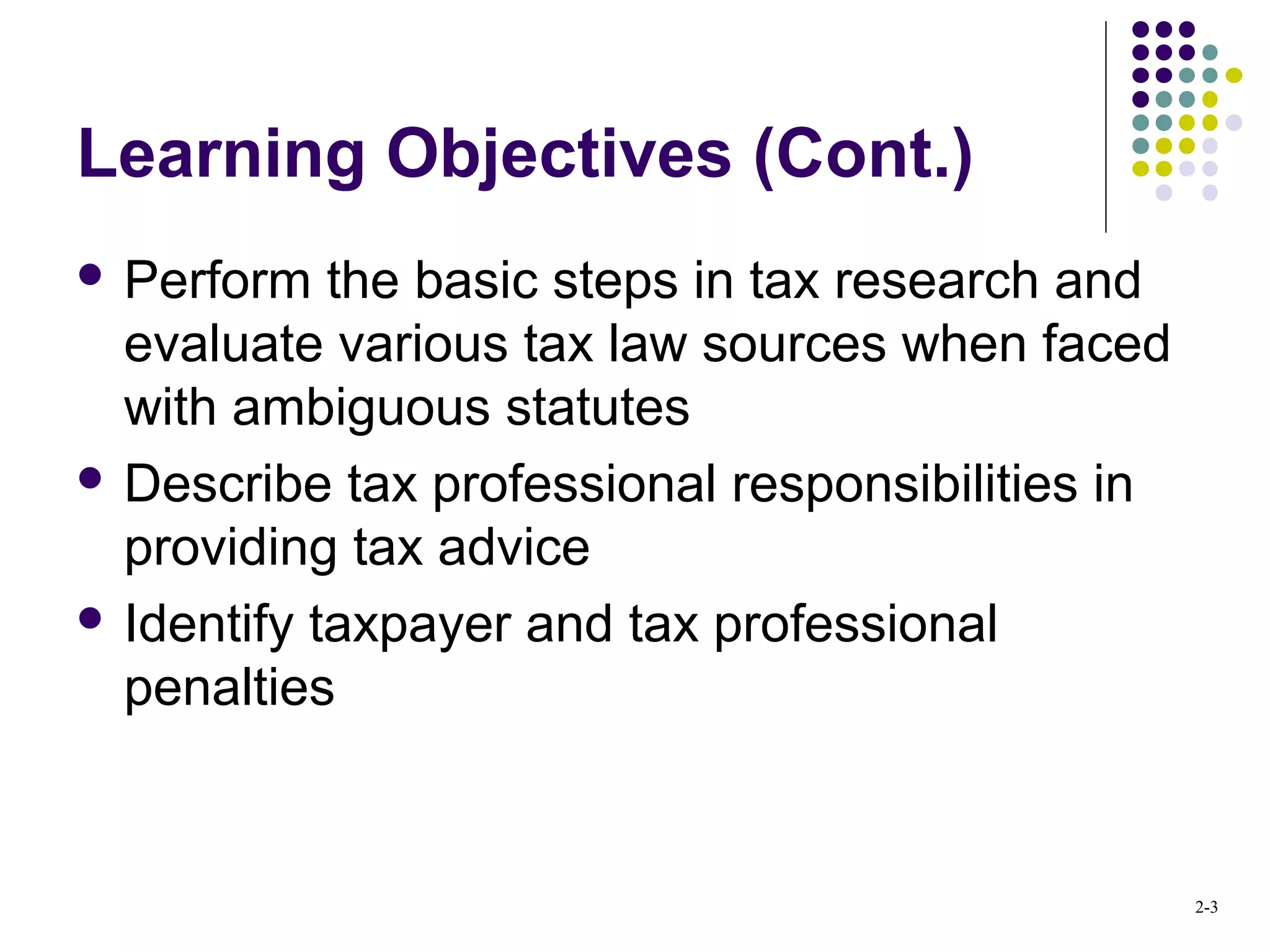 2-3
Learning Objectives (Cont.)
 Perform the basic steps in tax research and
evaluate various tax law sources when faced
with ambiguous statutes
 Describe tax professional responsibilities in
providing tax advice
 Identify taxpayer and tax professional
penalties
 