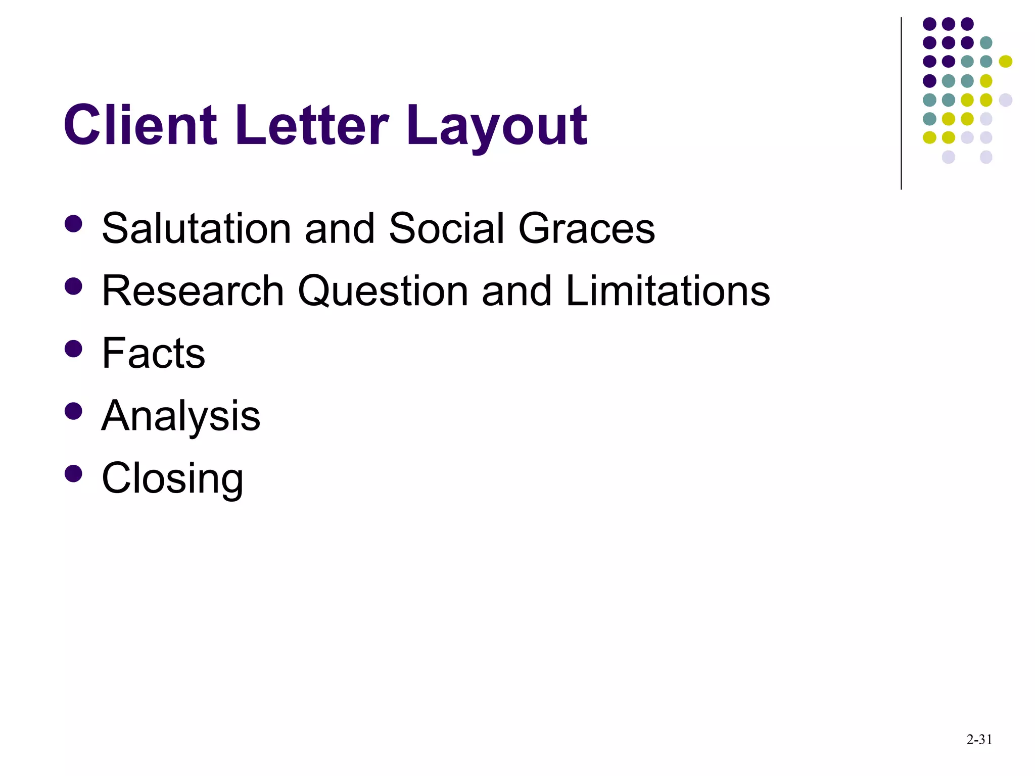 2-31
Client Letter Layout
 Salutation and Social Graces
 Research Question and Limitations
 Facts
 Analysis
 Closing
 