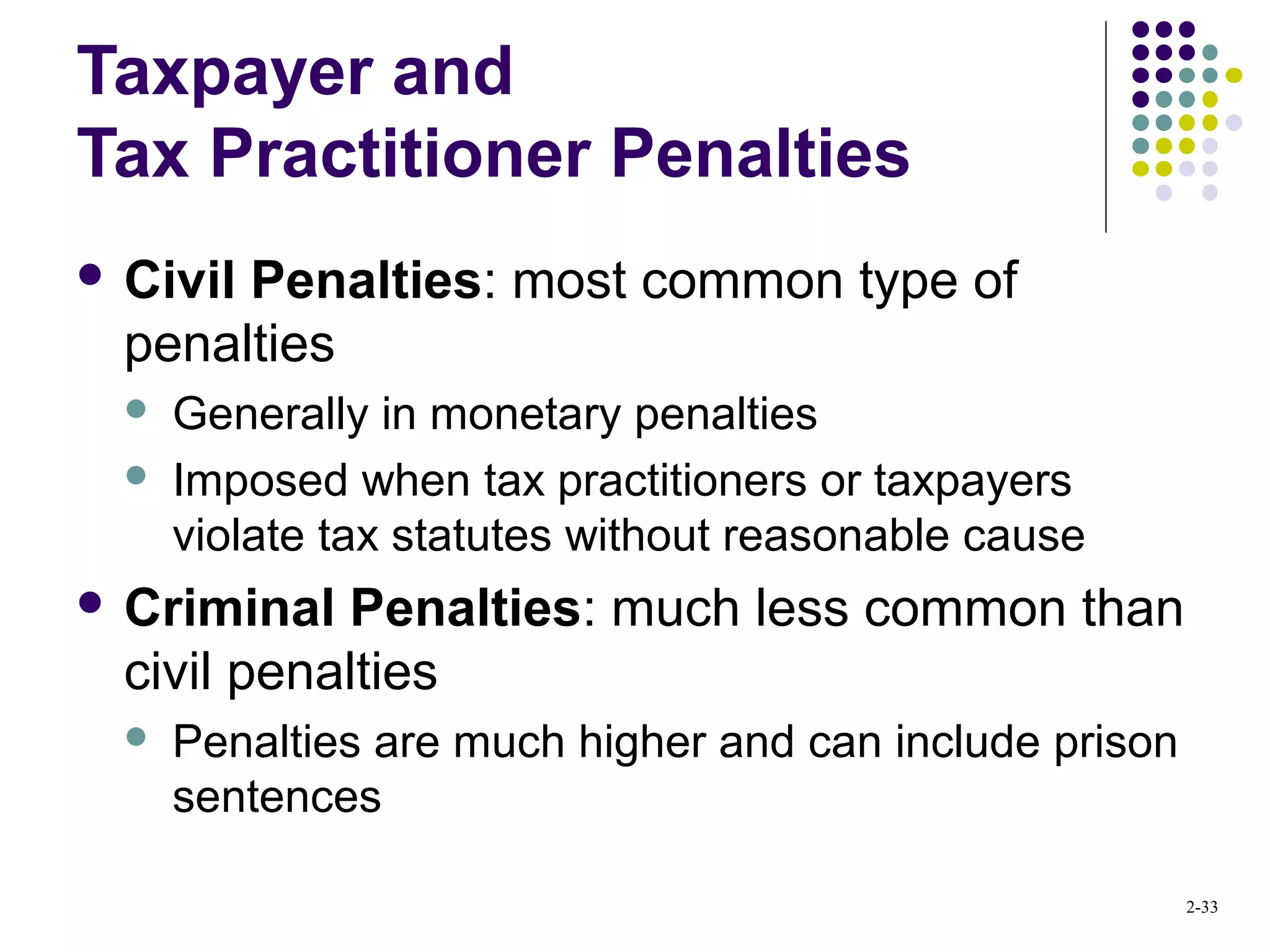 2-33
Taxpayer and
Tax Practitioner Penalties
 Civil Penalties: most common type of
penalties
 Generally in monetary penalties
 Imposed when tax practitioners or taxpayers
violate tax statutes without reasonable cause
 Criminal Penalties: much less common than
civil penalties
 Penalties are much higher and can include prison
sentences
 