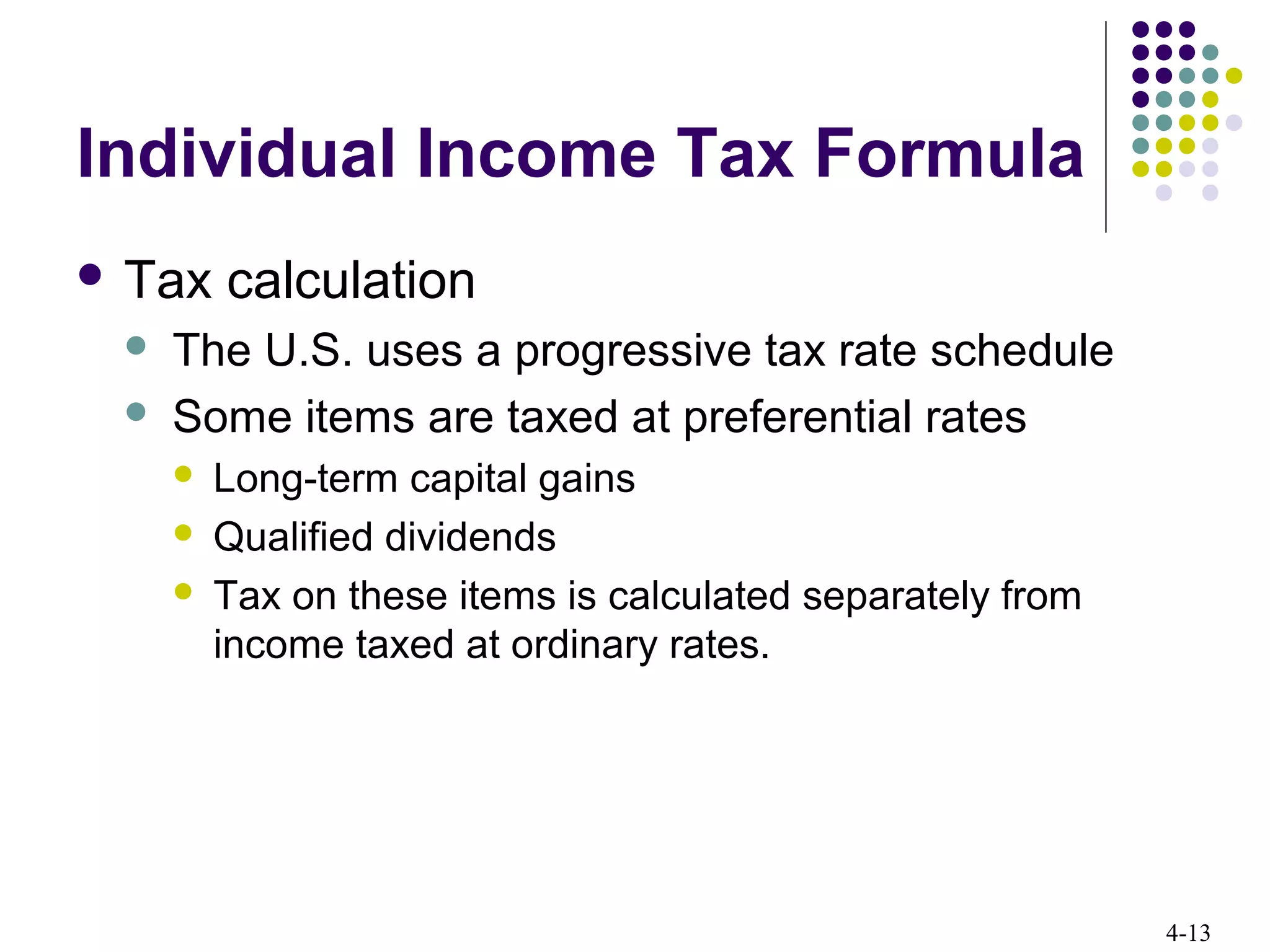 4-13
Individual Income Tax Formula
 Tax calculation
 The U.S. uses a progressive tax rate schedule
 Some items are taxed at preferential rates
 Long-term capital gains
 Qualified dividends
 Tax on these items is calculated separately from
income taxed at ordinary rates.
 
