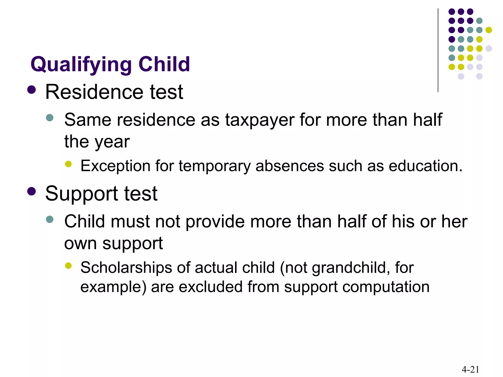 4-21
Qualifying Child
 Residence test
 Same residence as taxpayer for more than half
the year
 Exception for temporary absences such as education.
 Support test
 Child must not provide more than half of his or her
own support
 Scholarships of actual child (not grandchild, for
example) are excluded from support computation
 