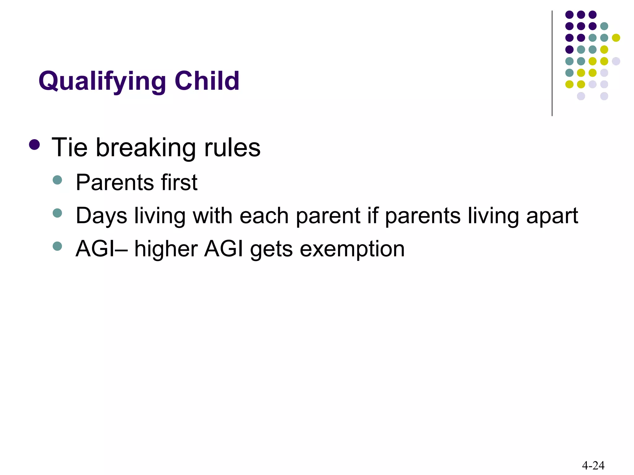 4-24
Qualifying Child
 Tie breaking rules
 Parents first
 Days living with each parent if parents living apart
 AGI– higher AGI gets exemption
 