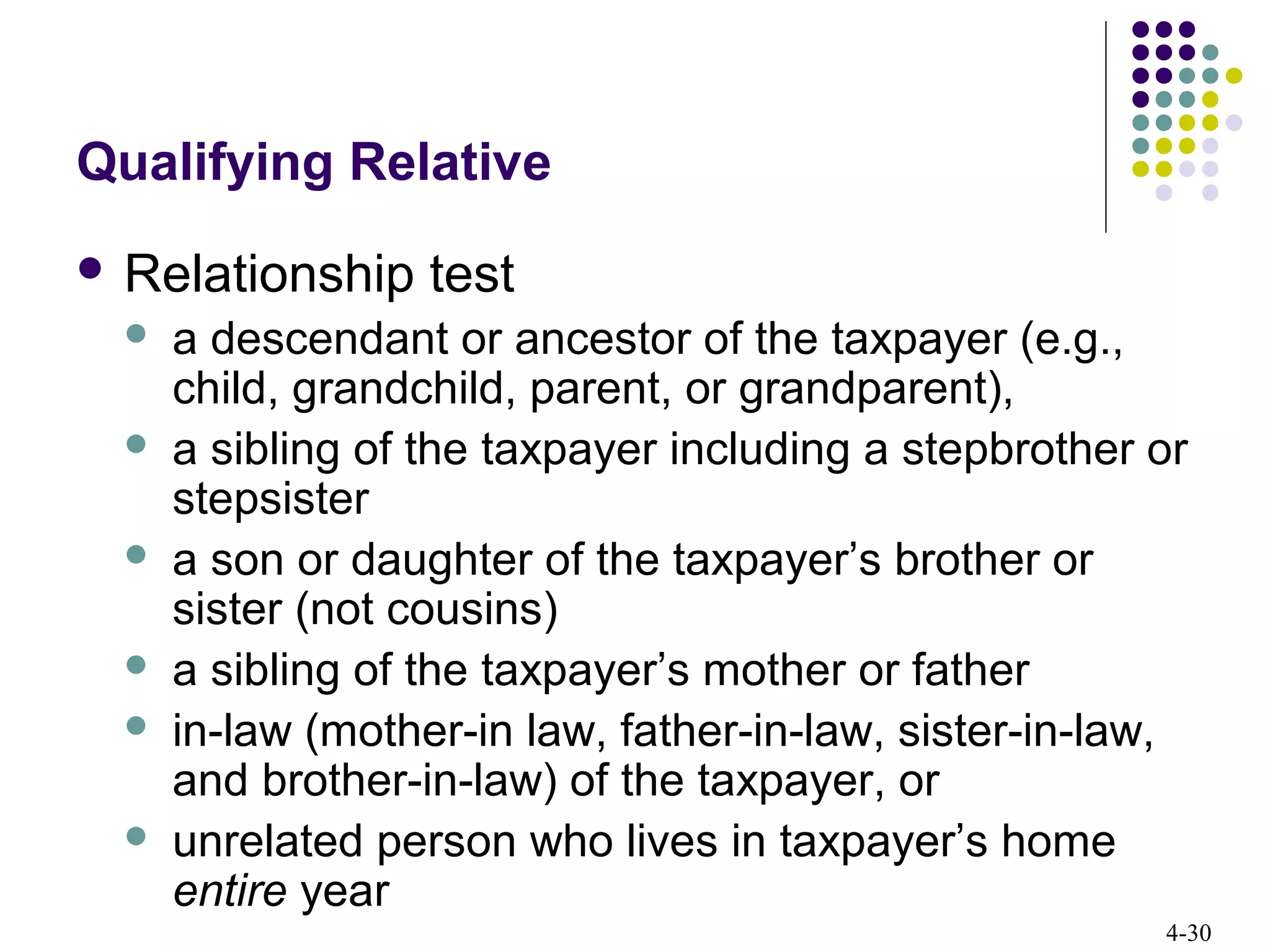 4-30
Qualifying Relative
 Relationship test
 a descendant or ancestor of the taxpayer (e.g.,
child, grandchild, parent, or grandparent),
 a sibling of the taxpayer including a stepbrother or
stepsister
 a son or daughter of the taxpayer’s brother or
sister (not cousins)
 a sibling of the taxpayer’s mother or father
 in-law (mother-in law, father-in-law, sister-in-law,
and brother-in-law) of the taxpayer, or
 unrelated person who lives in taxpayer’s home
entire year
 