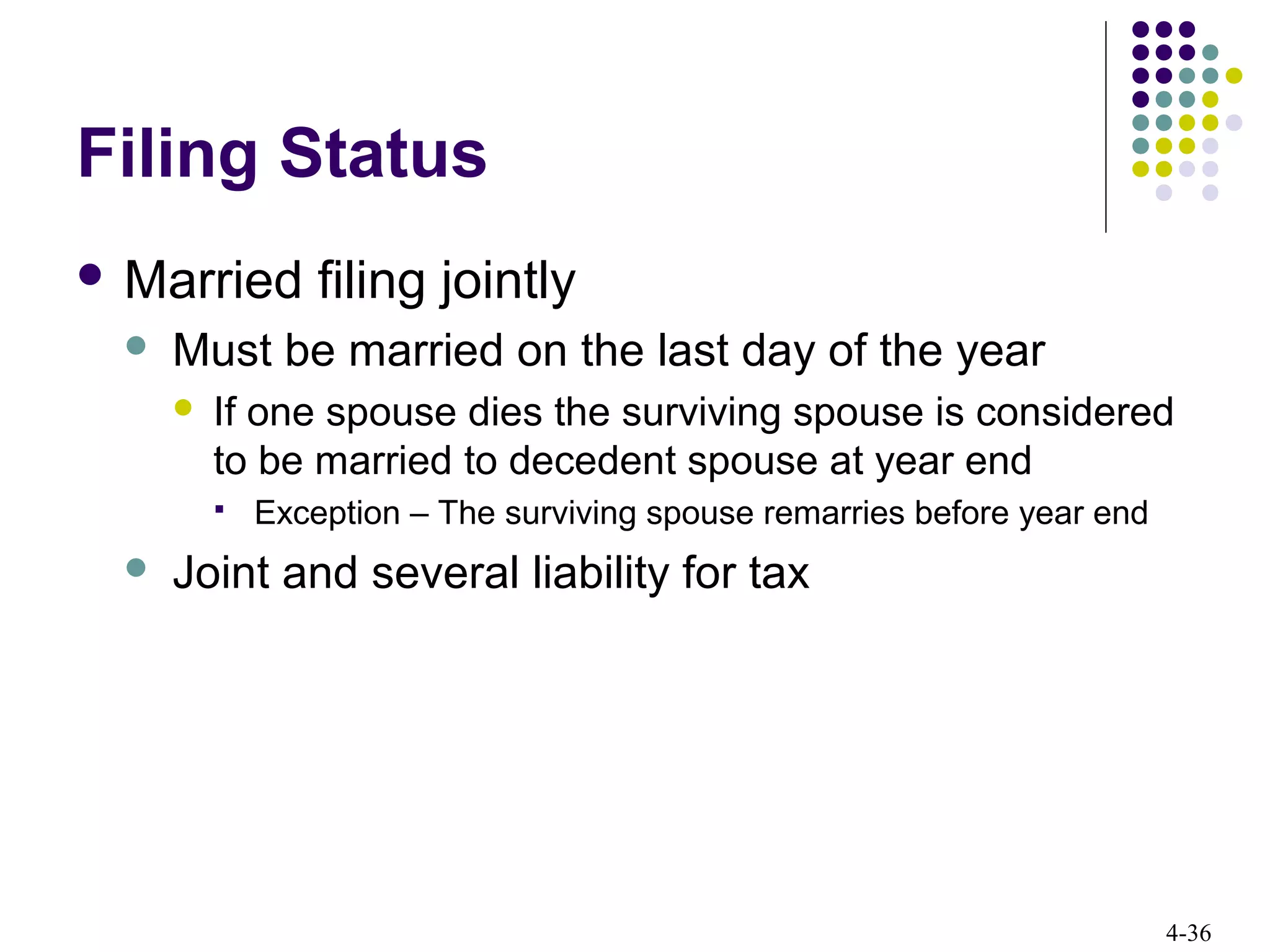 4-36
Filing Status
 Married filing jointly
 Must be married on the last day of the year
 If one spouse dies the surviving spouse is considered
to be married to decedent spouse at year end
 Exception – The surviving spouse remarries before year end
 Joint and several liability for tax
 