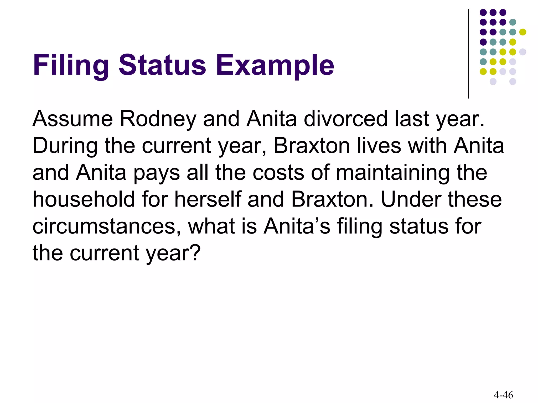 4-46
Filing Status Example
Assume Rodney and Anita divorced last year.
During the current year, Braxton lives with Anita
and Anita pays all the costs of maintaining the
household for herself and Braxton. Under these
circumstances, what is Anita’s filing status for
the current year?
 