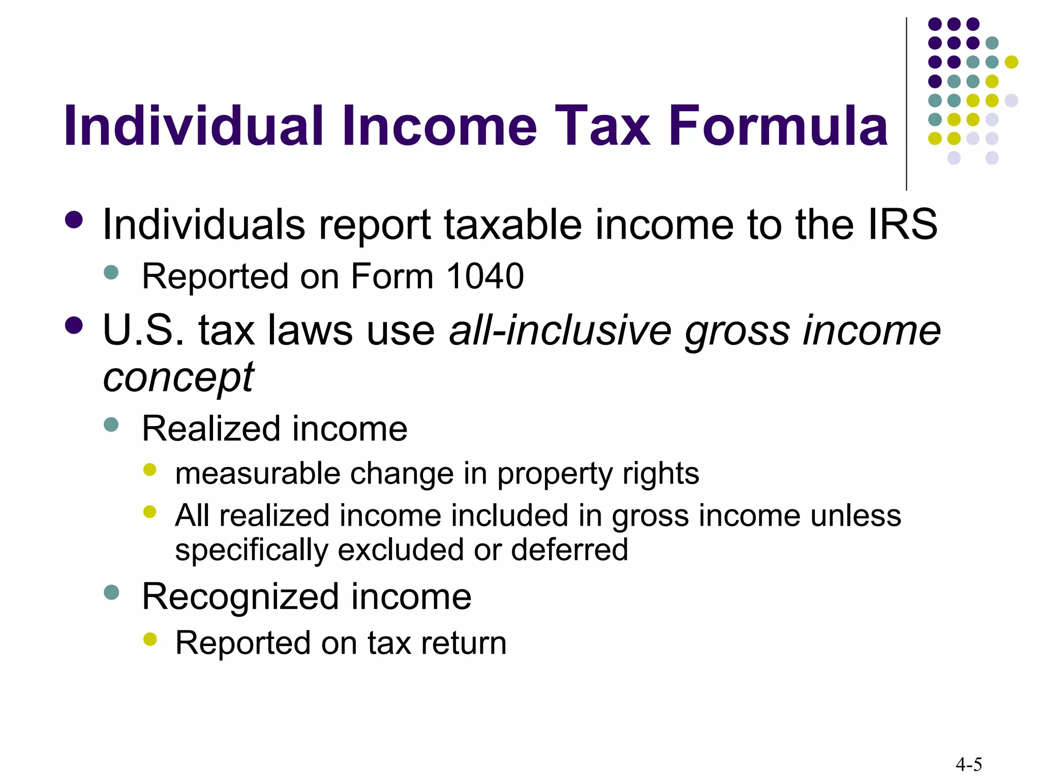 4-5
Individual Income Tax Formula
 Individuals report taxable income to the IRS
 Reported on Form 1040
 U.S. tax laws use all-inclusive gross income
concept
 Realized income
 measurable change in property rights
 All realized income included in gross income unless
specifically excluded or deferred
 Recognized income
 Reported on tax return
 