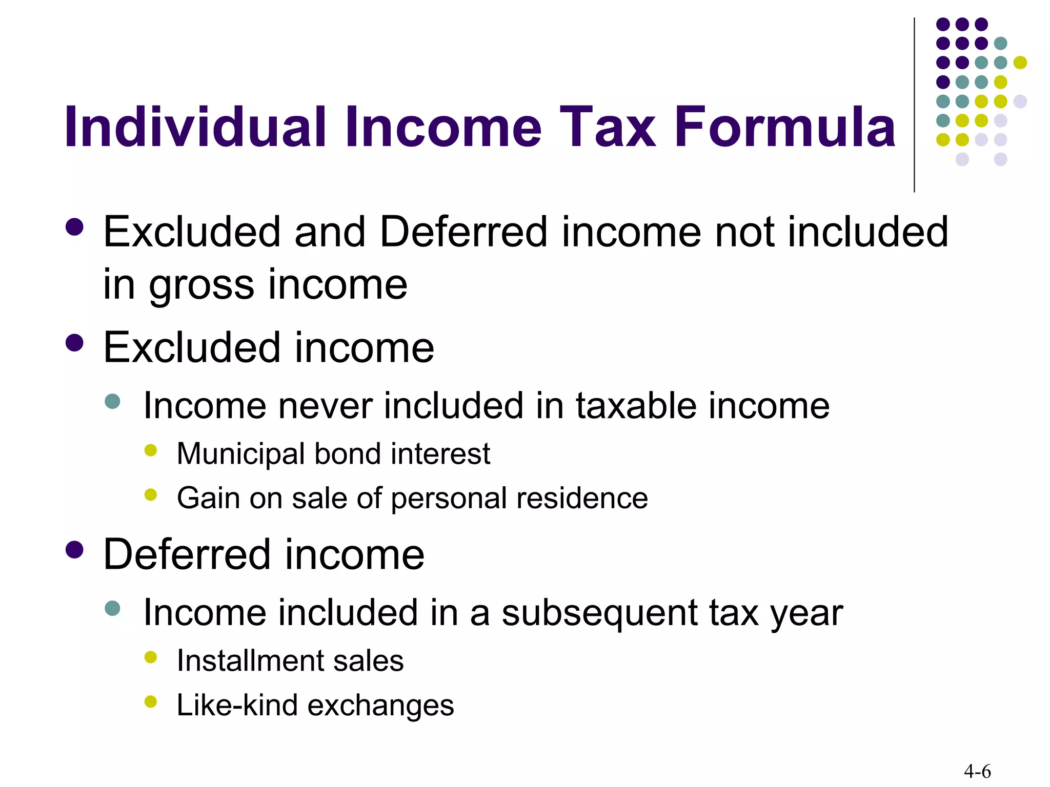 4-6
Individual Income Tax Formula
 Excluded and Deferred income not included
in gross income
 Excluded income
 Income never included in taxable income
 Municipal bond interest
 Gain on sale of personal residence
 Deferred income
 Income included in a subsequent tax year
 Installment sales
 Like-kind exchanges
 