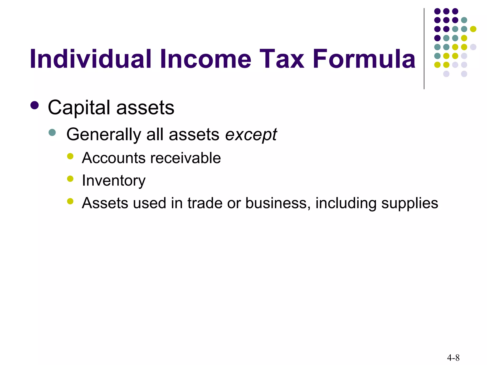 4-8
Individual Income Tax Formula
 Capital assets
 Generally all assets except
 Accounts receivable
 Inventory
 Assets used in trade or business, including supplies
 