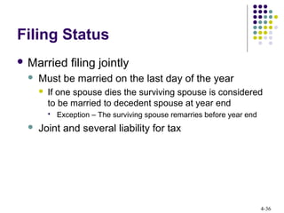 4-36
Filing Status
 Married filing jointly
 Must be married on the last day of the year
 If one spouse dies the surviving spouse is considered
to be married to decedent spouse at year end
 Exception – The surviving spouse remarries before year end
 Joint and several liability for tax
 