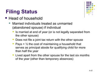4-43
Filing Status
 Head of household
 Married individuals treated as unmarried
(abandoned spouse) if individual
 Is married at end of year (or is not legally separated from
the other spouse)
 Does not file a joint tax return with the other spouse
 Pays > ½ the cost of maintaining a household that
serves as principal abode for qualifying child for more
than half the year
 Lived apart from the other spouse for the last six months
of the year (other than temporary absences)
 