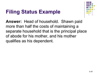 4-49
Filing Status Example
Answer: Head of household. Shawn paid
more than half the costs of maintaining a
separate household that is the principal place
of abode for his mother, and his mother
qualifies as his dependent.
 