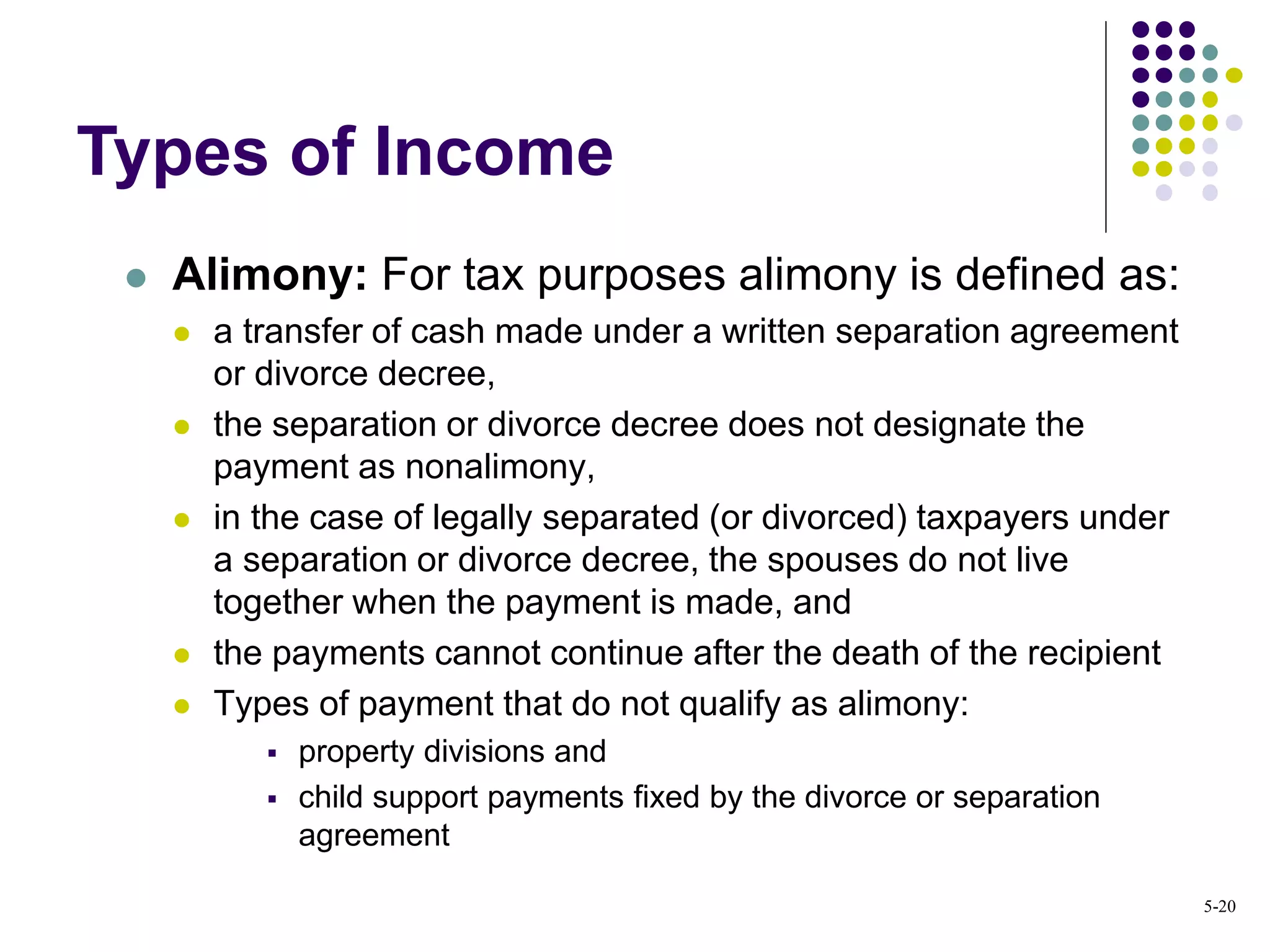  Alimony: For tax purposes alimony is defined as:
 a transfer of cash made under a written separation agreement
or divorce decree,
 the separation or divorce decree does not designate the
payment as nonalimony,
 in the case of legally separated (or divorced) taxpayers under
a separation or divorce decree, the spouses do not live
together when the payment is made, and
 the payments cannot continue after the death of the recipient
 Types of payment that do not qualify as alimony:
 property divisions and
 child support payments fixed by the divorce or separation
agreement
Types of Income
5-20
 