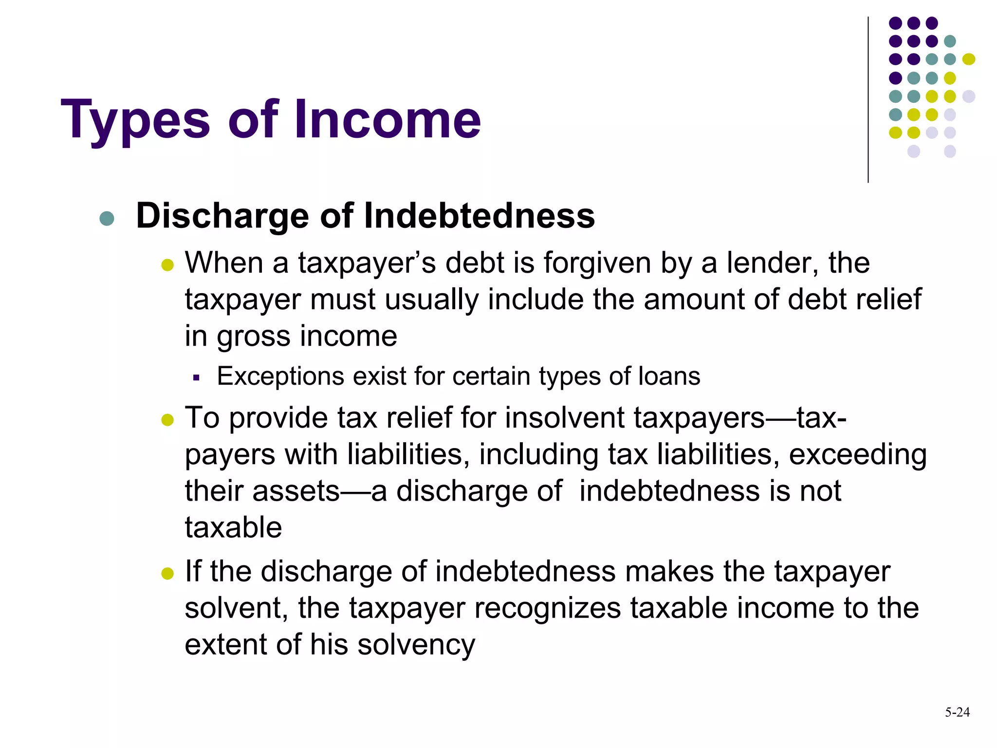  Discharge of Indebtedness
 When a taxpayer’s debt is forgiven by a lender, the
taxpayer must usually include the amount of debt relief
in gross income
 Exceptions exist for certain types of loans
 To provide tax relief for insolvent taxpayers—tax-
payers with liabilities, including tax liabilities, exceeding
their assets—a discharge of indebtedness is not
taxable
 If the discharge of indebtedness makes the taxpayer
solvent, the taxpayer recognizes taxable income to the
extent of his solvency
Types of Income
5-24
 