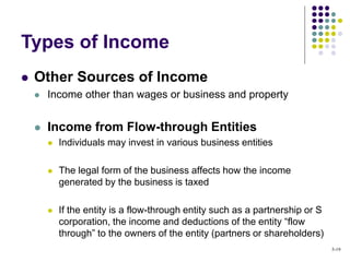  Other Sources of Income
 Income other than wages or business and property
 Income from Flow-through Entities
 Individuals may invest in various business entities
 The legal form of the business affects how the income
generated by the business is taxed
 If the entity is a flow-through entity such as a partnership or S
corporation, the income and deductions of the entity “flow
through” to the owners of the entity (partners or shareholders)
Types of Income
5-19
 