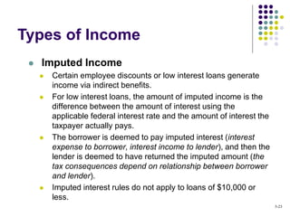  Imputed Income
 Certain employee discounts or low interest loans generate
income via indirect benefits.
 For low interest loans, the amount of imputed income is the
difference between the amount of interest using the
applicable federal interest rate and the amount of interest the
taxpayer actually pays.
 The borrower is deemed to pay imputed interest (interest
expense to borrower, interest income to lender), and then the
lender is deemed to have returned the imputed amount (the
tax consequences depend on relationship between borrower
and lender).
 Imputed interest rules do not apply to loans of $10,000 or
less.
Types of Income
5-23
 