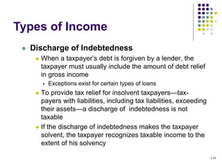  Discharge of Indebtedness
 When a taxpayer’s debt is forgiven by a lender, the
taxpayer must usually include the amount of debt relief
in gross income
 Exceptions exist for certain types of loans
 To provide tax relief for insolvent taxpayers—tax-
payers with liabilities, including tax liabilities, exceeding
their assets—a discharge of indebtedness is not
taxable
 If the discharge of indebtedness makes the taxpayer
solvent, the taxpayer recognizes taxable income to the
extent of his solvency
Types of Income
5-24
 