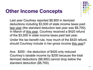 Other Income Concepts
Last year Courtney reported $8,900 in itemized
deductions including $3,500 of state income taxes paid
last year (the standard deduction last year was $8,700).
In March of this year, Courtney received a $420 refund
of the $3,500 in state income taxes paid last year.
Under the tax benefit rule, how much of the $420 refund,
should Courtney include in her gross income this year?
Ans: $200 - the deduction of $420 only reduced
Courtney’s taxable income by $200 because the total
itemized deductions ($8,900) cannot drop below the
standard deduction ($8,700).
5-9
 