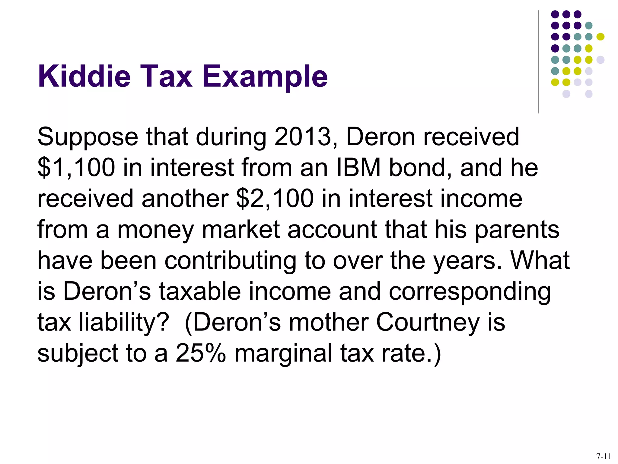 Kiddie Tax Example
Suppose that during 2013, Deron received
$1,100 in interest from an IBM bond, and he
received another $2,100 in interest income
from a money market account that his parents
have been contributing to over the years. What
is Deron’s taxable income and corresponding
tax liability? (Deron’s mother Courtney is
subject to a 25% marginal tax rate.)
7-11
 