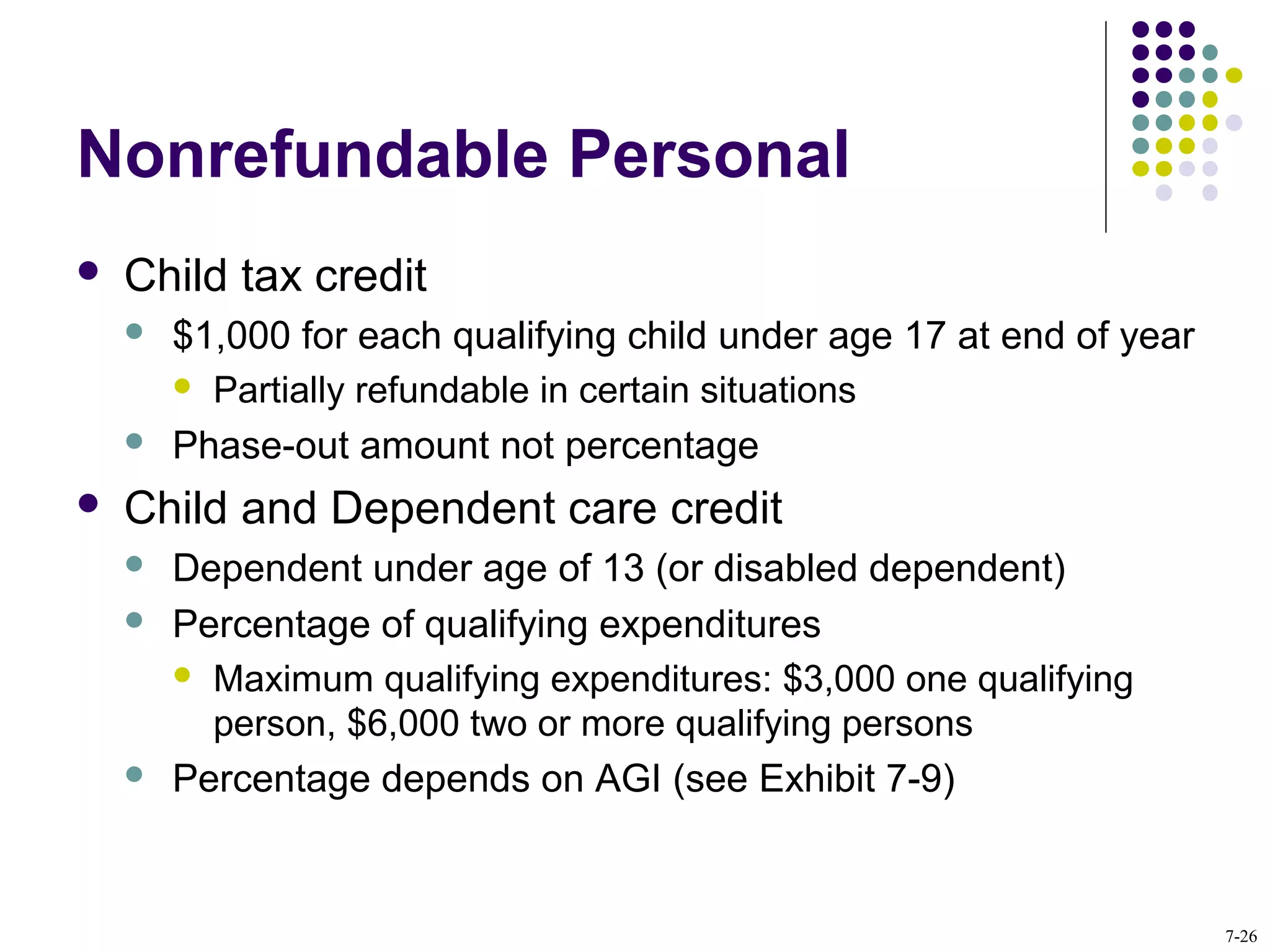 Nonrefundable Personal
 Child tax credit
 $1,000 for each qualifying child under age 17 at end of year
 Partially refundable in certain situations
 Phase-out amount not percentage
 Child and Dependent care credit
 Dependent under age of 13 (or disabled dependent)
 Percentage of qualifying expenditures
 Maximum qualifying expenditures: $3,000 one qualifying
person, $6,000 two or more qualifying persons
 Percentage depends on AGI (see Exhibit 7-9)
7-26
 