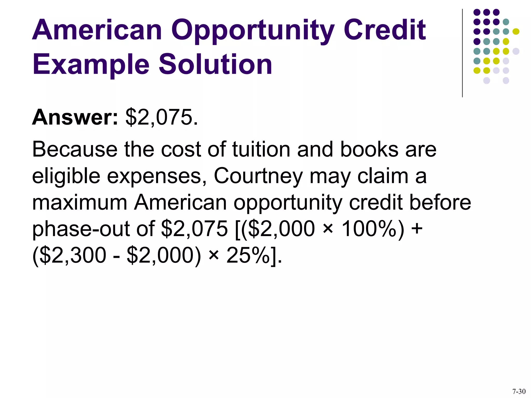 American Opportunity Credit
Example Solution
Answer: $2,075.
Because the cost of tuition and books are
eligible expenses, Courtney may claim a
maximum American opportunity credit before
phase-out of $2,075 [($2,000 × 100%) +
($2,300 - $2,000) × 25%].
7-30
 