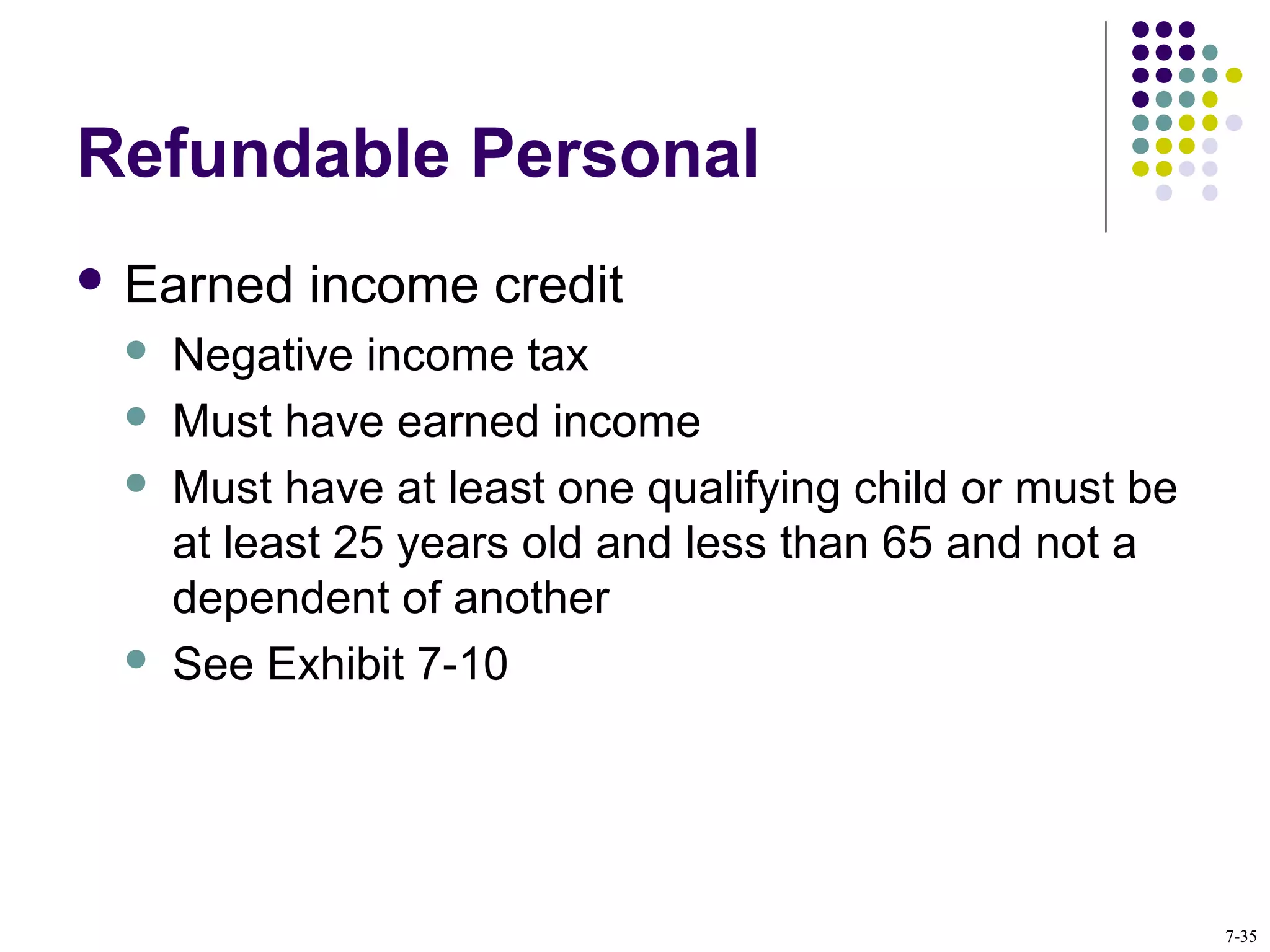 Refundable Personal
 Earned income credit
 Negative income tax
 Must have earned income
 Must have at least one qualifying child or must be
at least 25 years old and less than 65 and not a
dependent of another
 See Exhibit 7-10
7-35
 