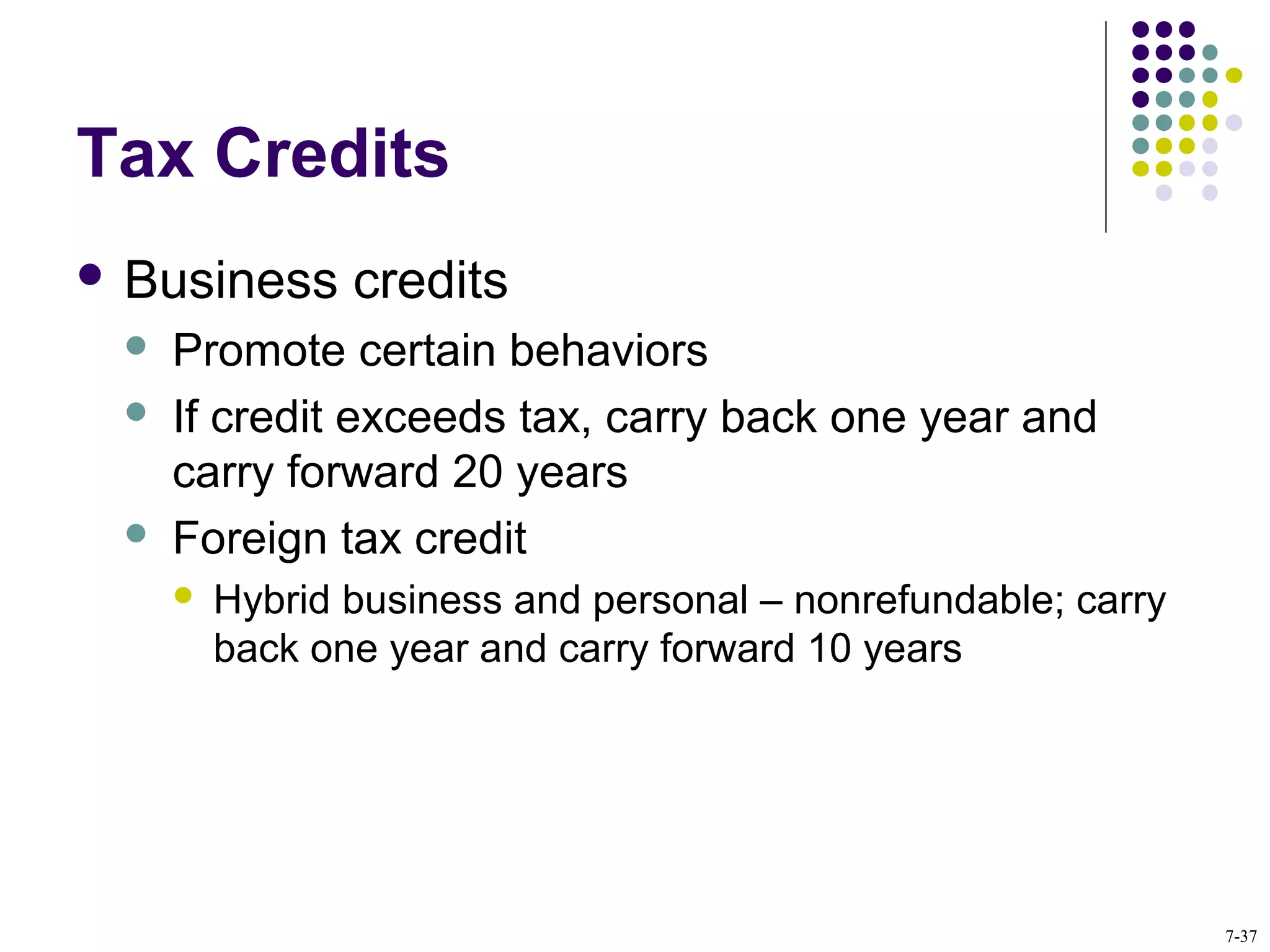 Tax Credits
 Business credits
 Promote certain behaviors
 If credit exceeds tax, carry back one year and
carry forward 20 years
 Foreign tax credit
 Hybrid business and personal – nonrefundable; carry
back one year and carry forward 10 years
7-37
 