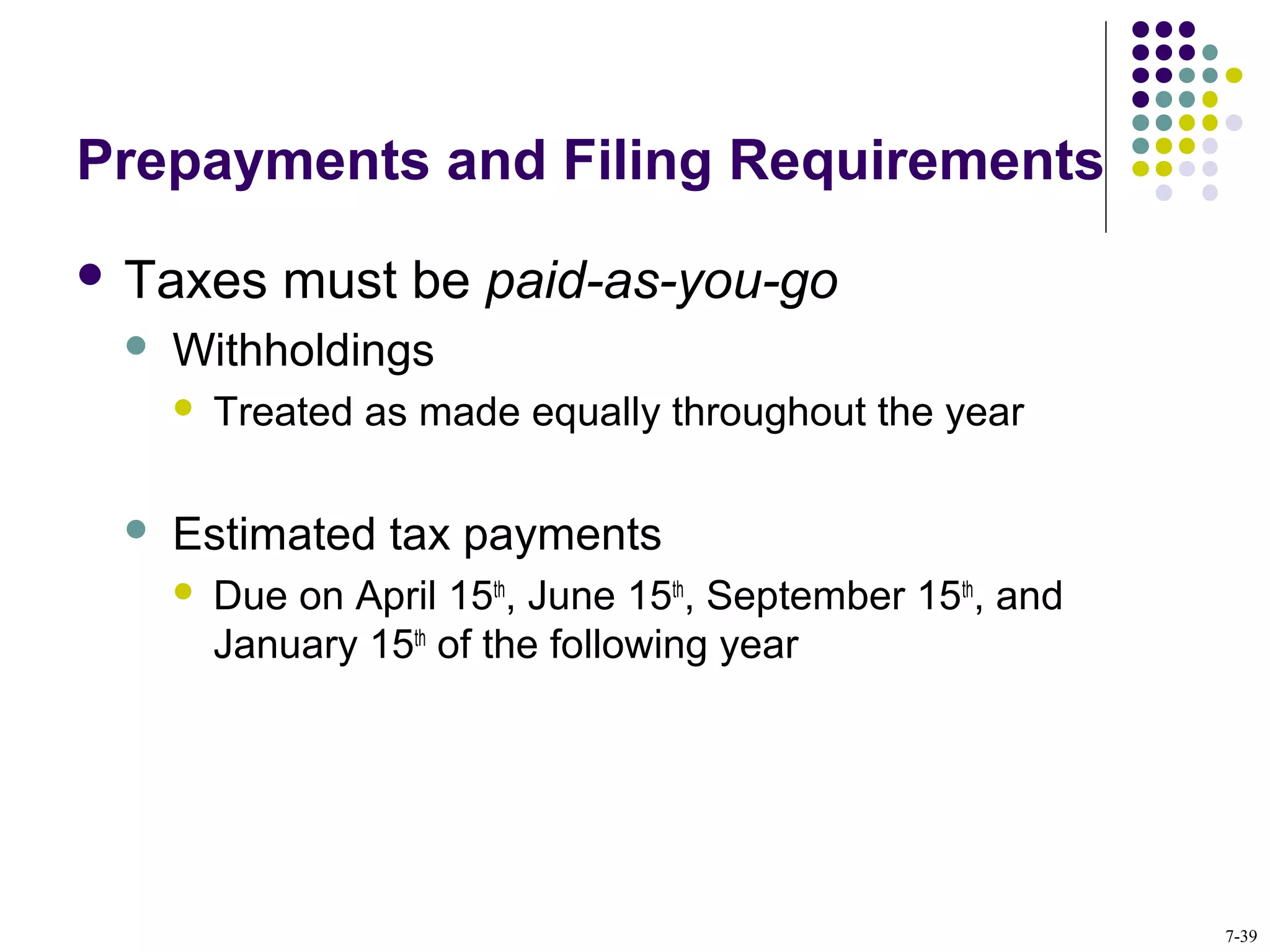 Prepayments and Filing Requirements
 Taxes must be paid-as-you-go
 Withholdings
 Treated as made equally throughout the year
 Estimated tax payments
 Due on April 15th
, June 15th
, September 15th
, and
January 15th
of the following year
7-39
 