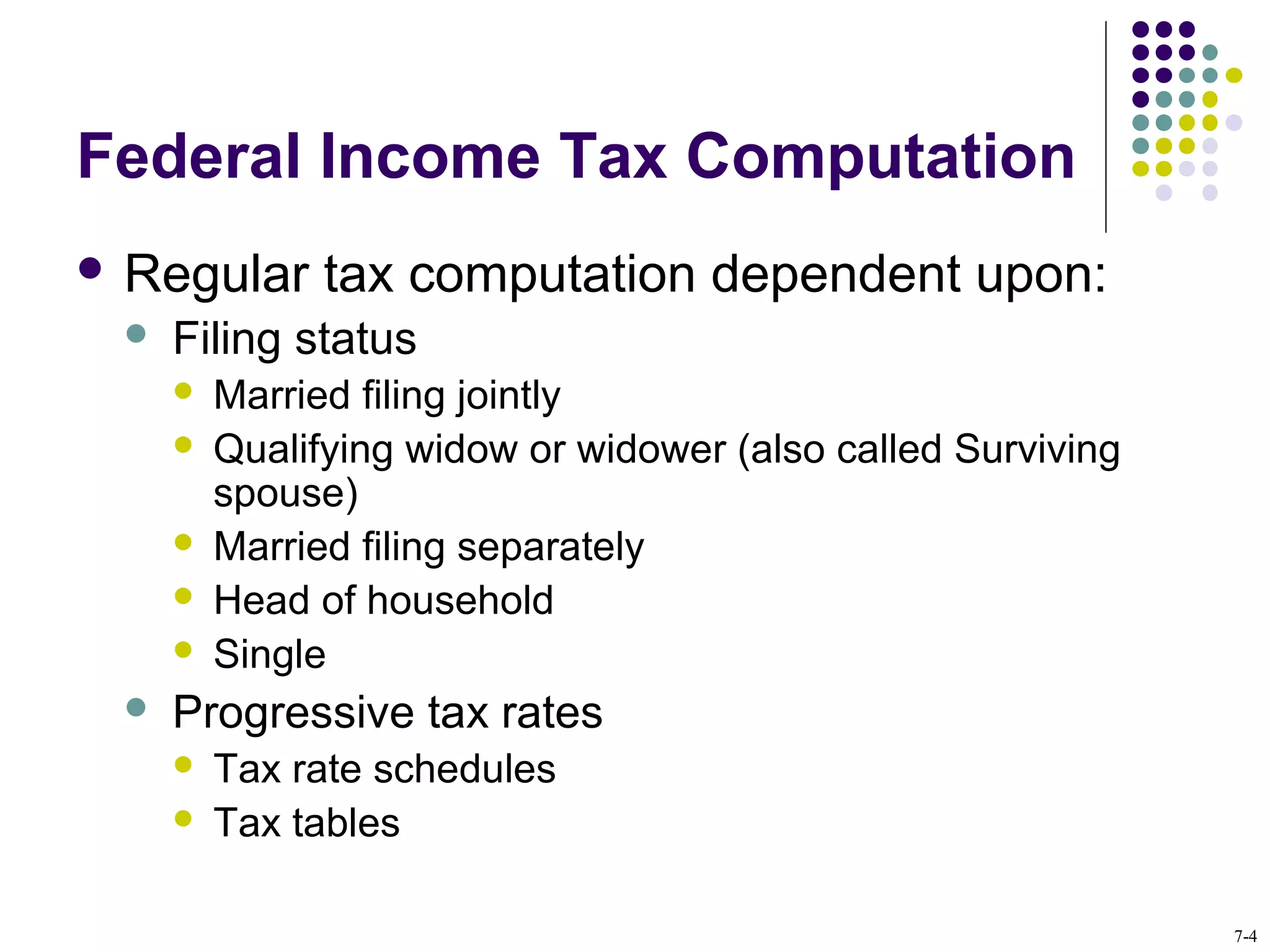 Federal Income Tax Computation
 Regular tax computation dependent upon:
 Filing status
 Married filing jointly
 Qualifying widow or widower (also called Surviving
spouse)
 Married filing separately
 Head of household
 Single
 Progressive tax rates
 Tax rate schedules
 Tax tables
7-4
 