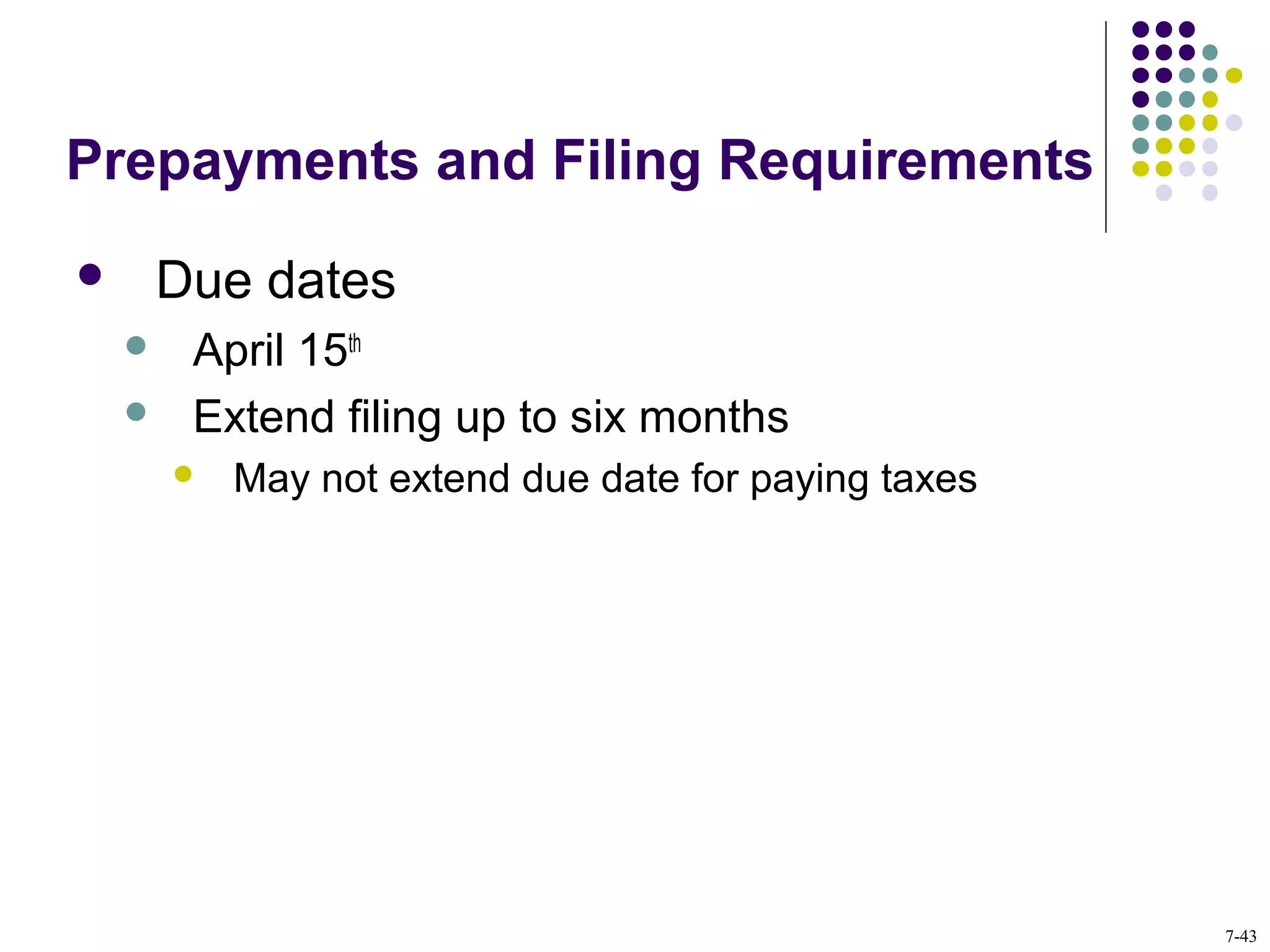 Prepayments and Filing Requirements
 Due dates
 April 15th
 Extend filing up to six months
 May not extend due date for paying taxes
7-43
 