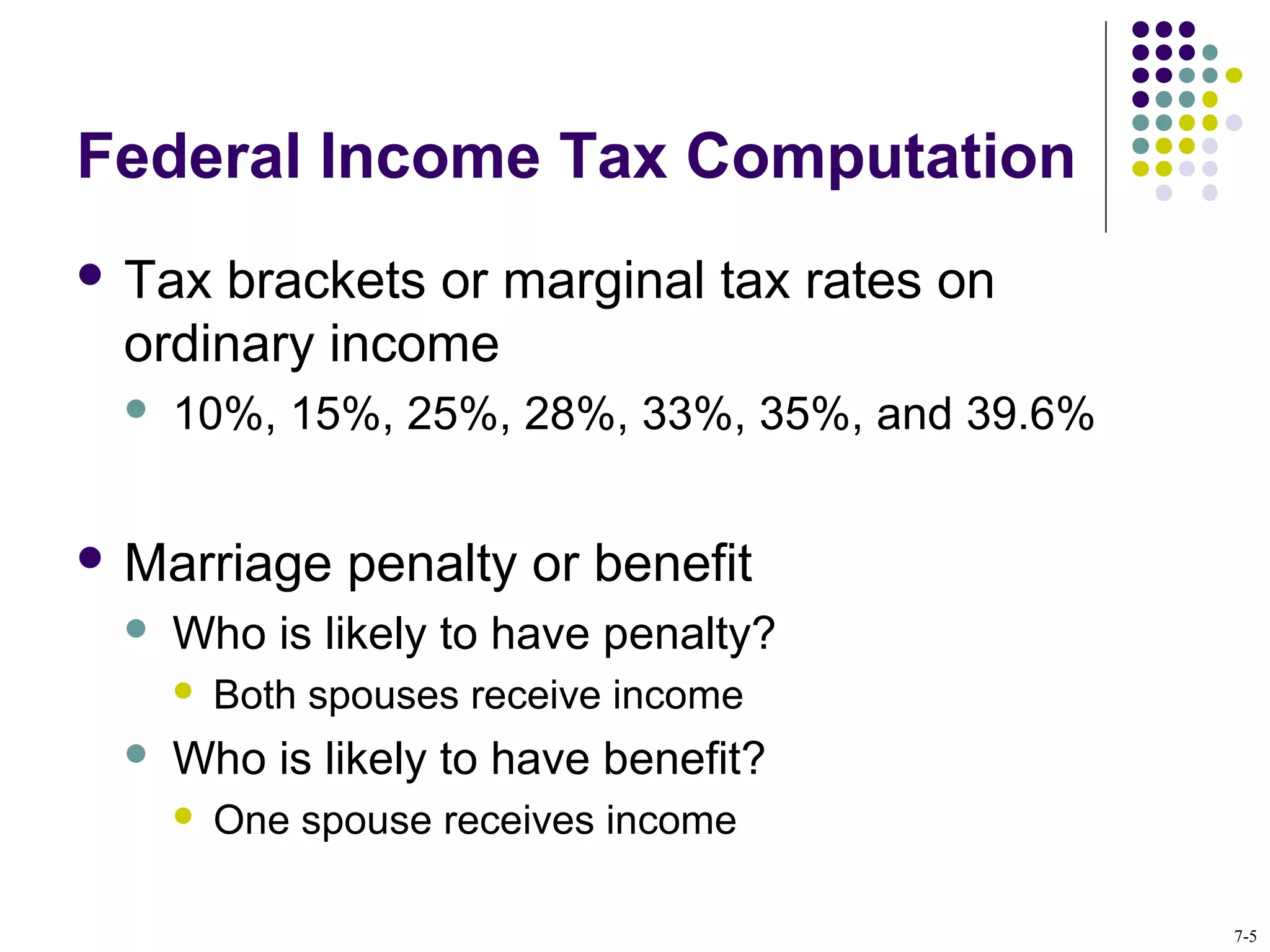 Federal Income Tax Computation
 Tax brackets or marginal tax rates on
ordinary income
 10%, 15%, 25%, 28%, 33%, 35%, and 39.6%
 Marriage penalty or benefit
 Who is likely to have penalty?
 Both spouses receive income
 Who is likely to have benefit?
 One spouse receives income
7-5
 