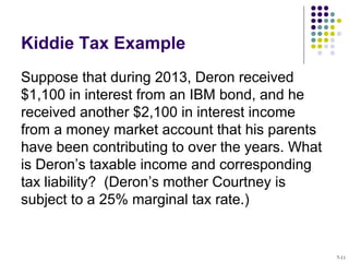 Kiddie Tax Example
Suppose that during 2013, Deron received
$1,100 in interest from an IBM bond, and he
received another $2,100 in interest income
from a money market account that his parents
have been contributing to over the years. What
is Deron’s taxable income and corresponding
tax liability? (Deron’s mother Courtney is
subject to a 25% marginal tax rate.)
7-11
 