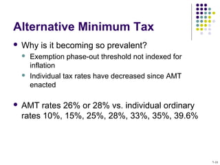 Alternative Minimum Tax
 Why is it becoming so prevalent?
 Exemption phase-out threshold not indexed for
inflation
 Individual tax rates have decreased since AMT
enacted
 AMT rates 26% or 28% vs. individual ordinary
rates 10%, 15%, 25%, 28%, 33%, 35%, 39.6%
7-18
 